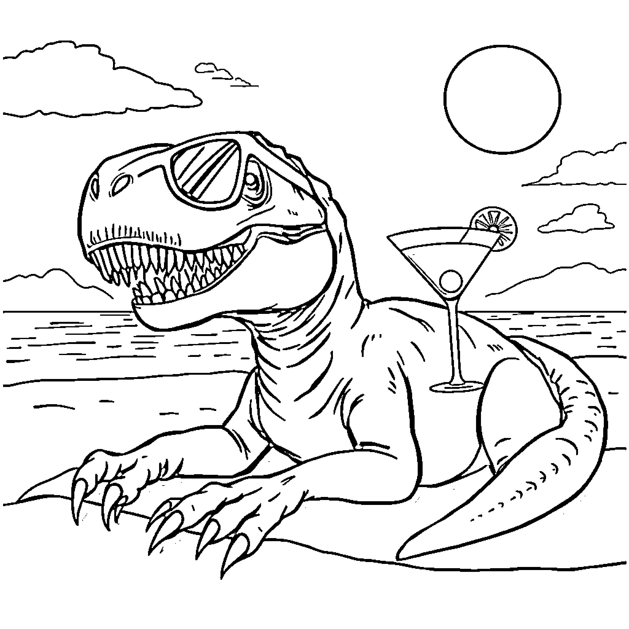 T-Rex enjoying a tropical cocktail on the beach Coloring Page (free black-and-white line drawing printable PDF for all, from beginners to advanced learners, including children, teens, adults, and seniors)