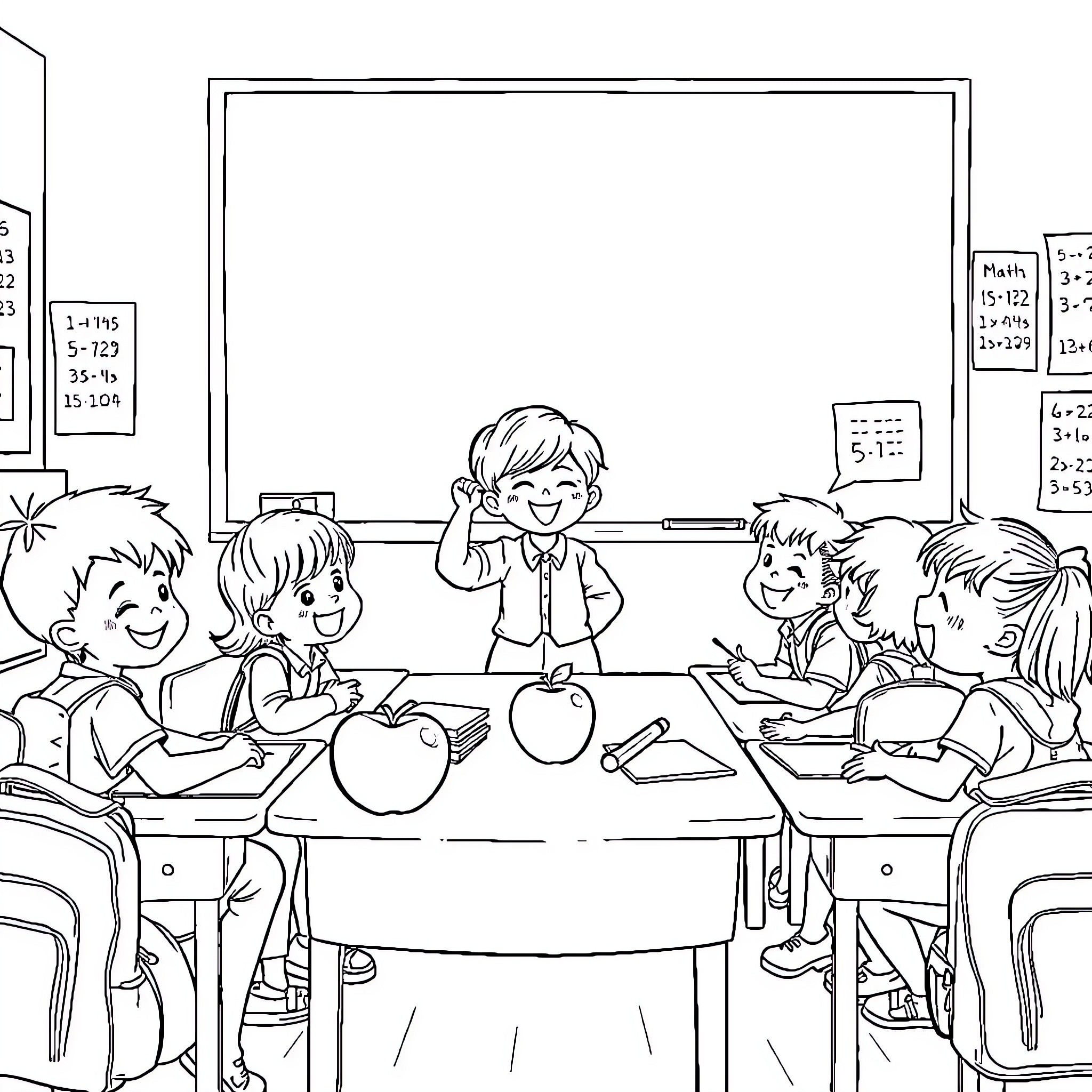 Students Engaged in Learning in Classroom Coloring Page (free black-and-white line drawing printable PDF for all, from beginners to advanced learners, including children, teens, adults, and seniors)