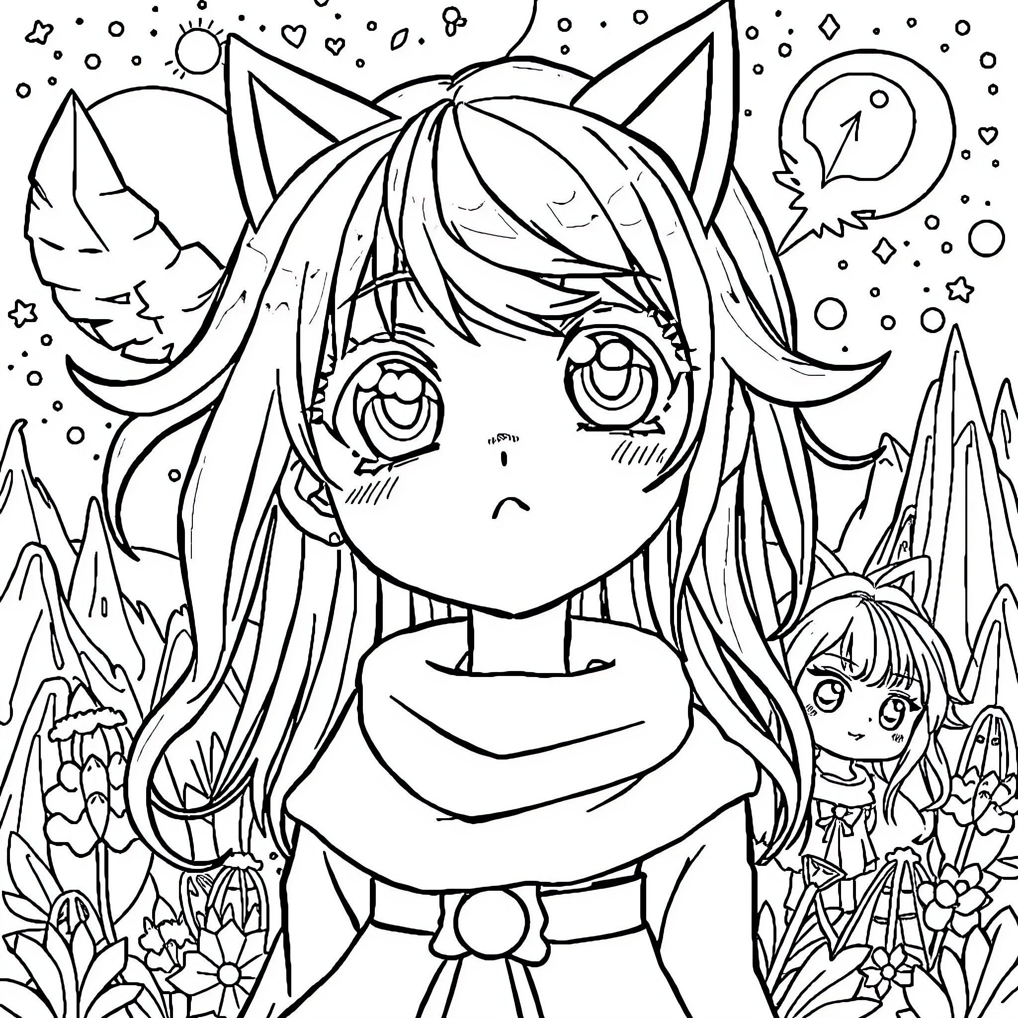 Anime Girl in Magical Fantasy Landscape Coloring Page (free black-and-white line drawing printable PDF for all, from beginners to advanced learners, including children, teens, adults, and seniors)