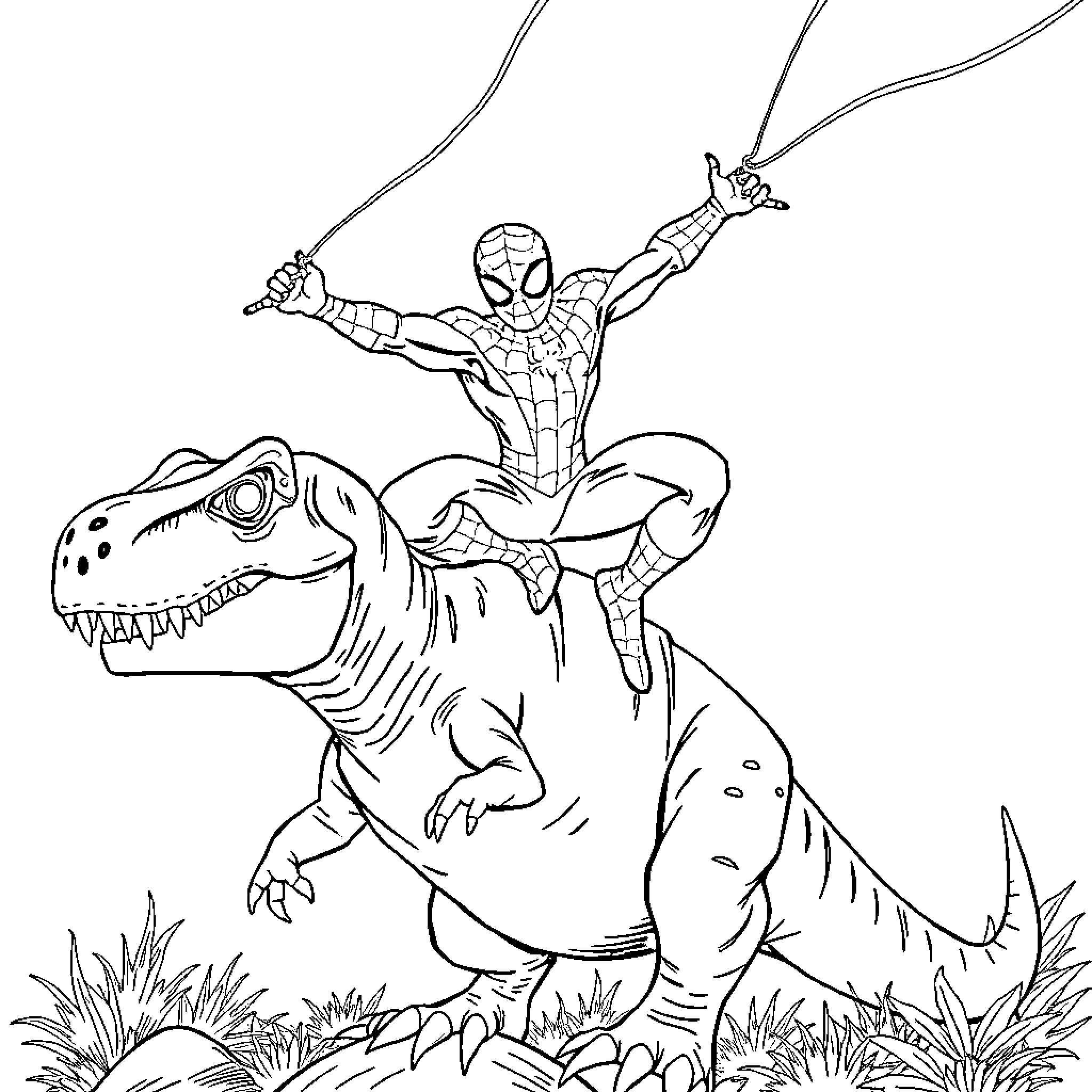 Spiderman swinging through the jungle on a dinosaur Coloring Page (free black-and-white line drawing printable PDF for all, from beginners to advanced learners, including children, teens, adults, and seniors)