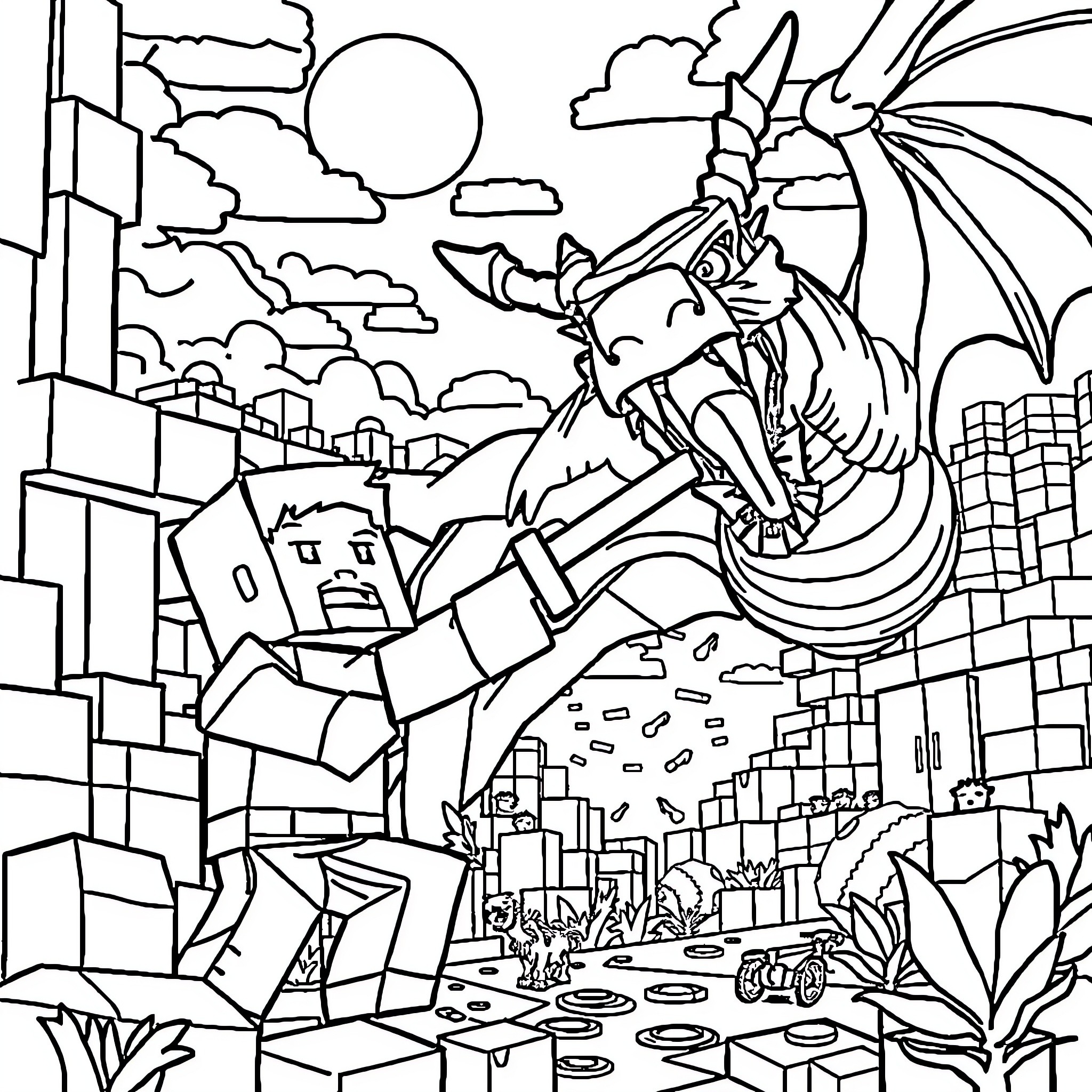Steve's Fantastical Adventure through the Cityscape Coloring Page (free black-and-white line drawing printable PDF for all, from beginners to advanced learners, including children, teens, adults, and seniors)