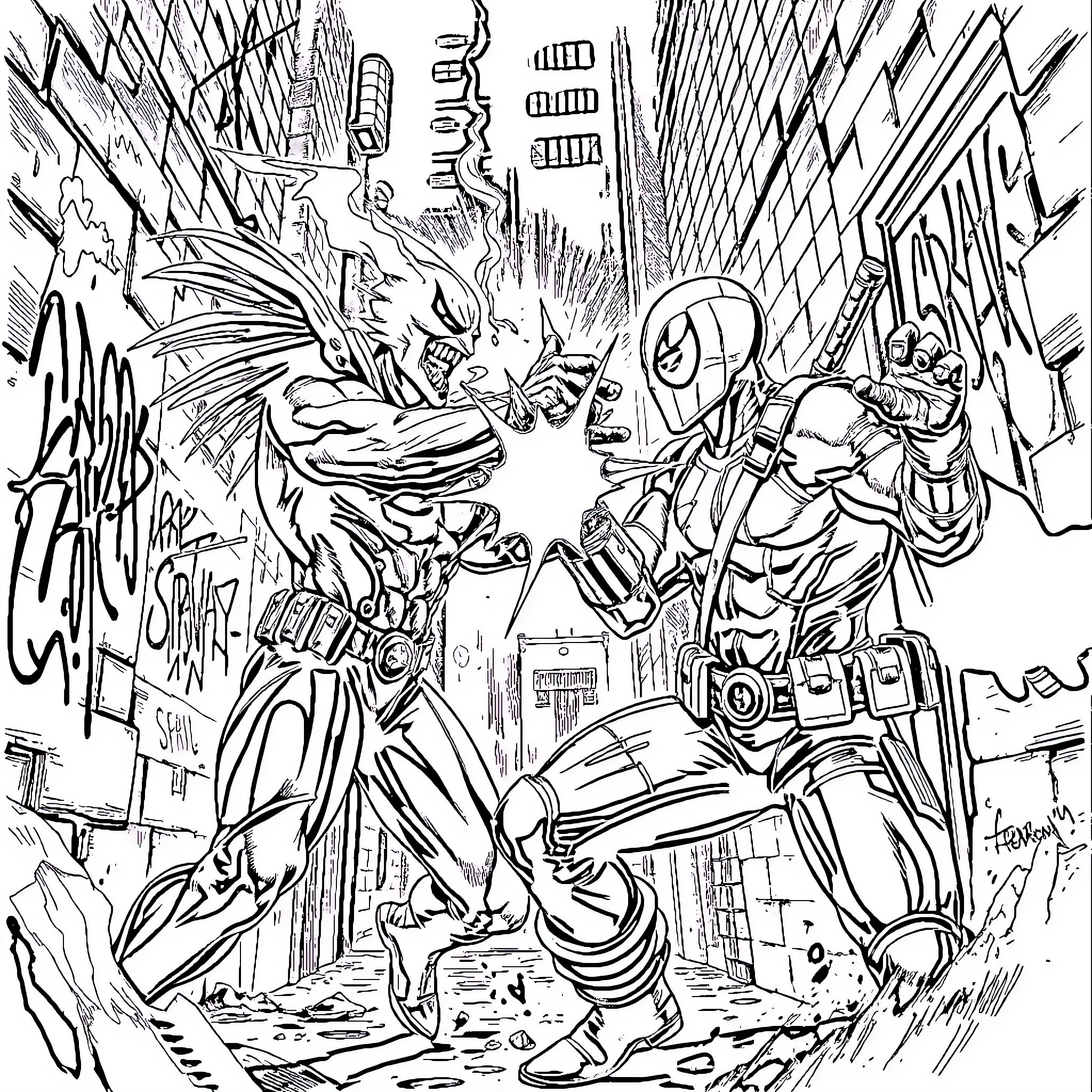 Spawn confronting a heavily armored foe in a urban setting Coloring Page (free black-and-white line drawing printable PDF for all, from beginners to advanced learners, including children, teens, adults, and seniors)