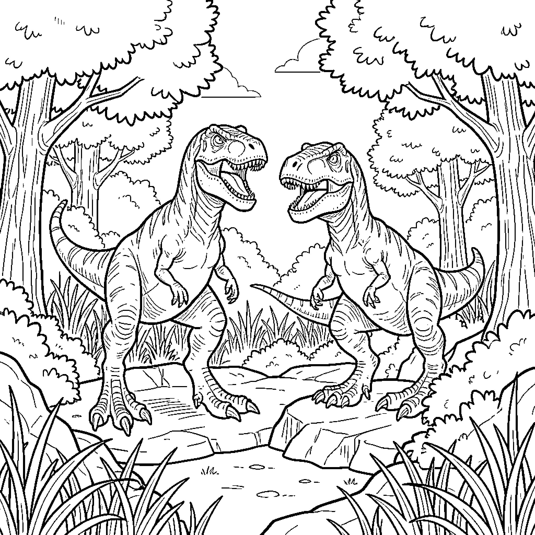 Dinosaur pair interacting in a lush jungle scene Coloring Page (free black-and-white line drawing printable PDF for all, from beginners to advanced learners, including children, teens, adults, and seniors)