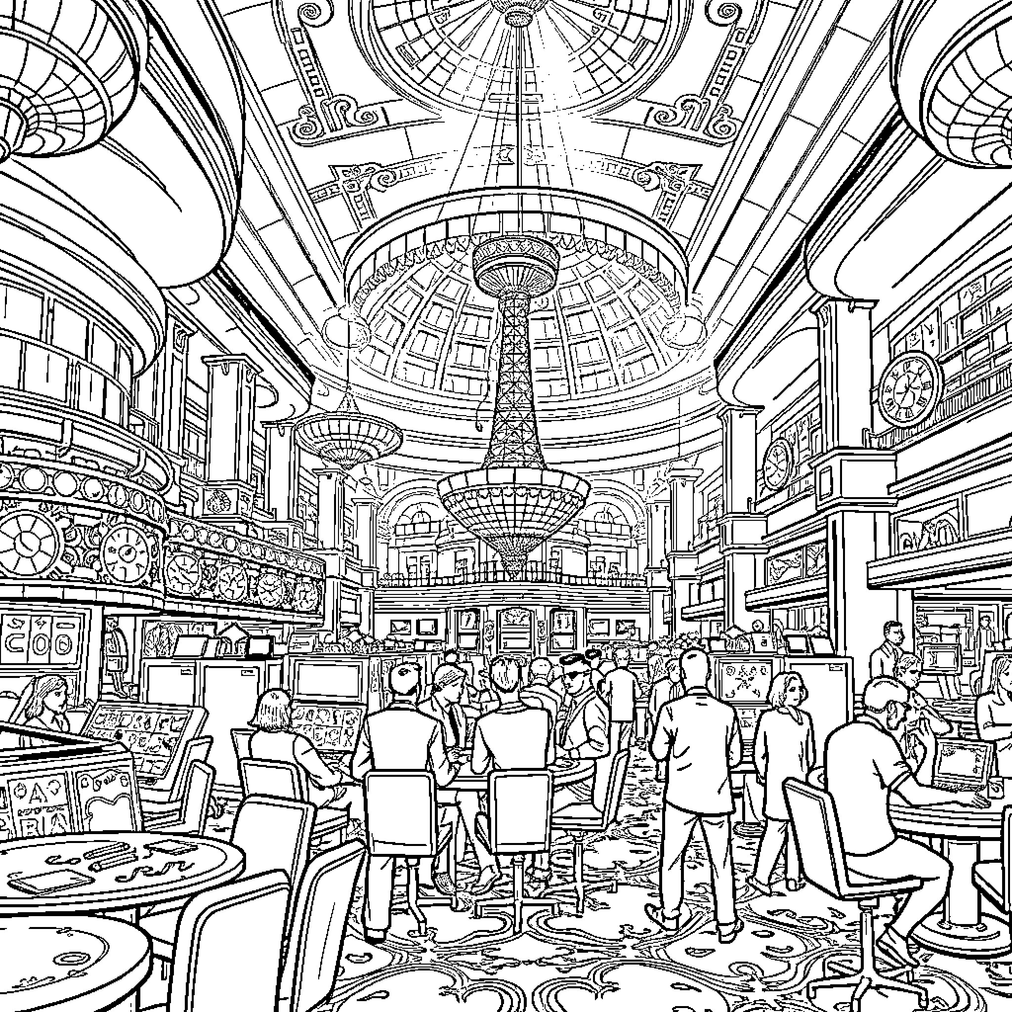 Casino with Ornate Interiors and Bustling Crowds Coloring Page (free black-and-white line drawing printable PDF for all, from beginners to advanced learners, including children, teens, adults, and seniors)