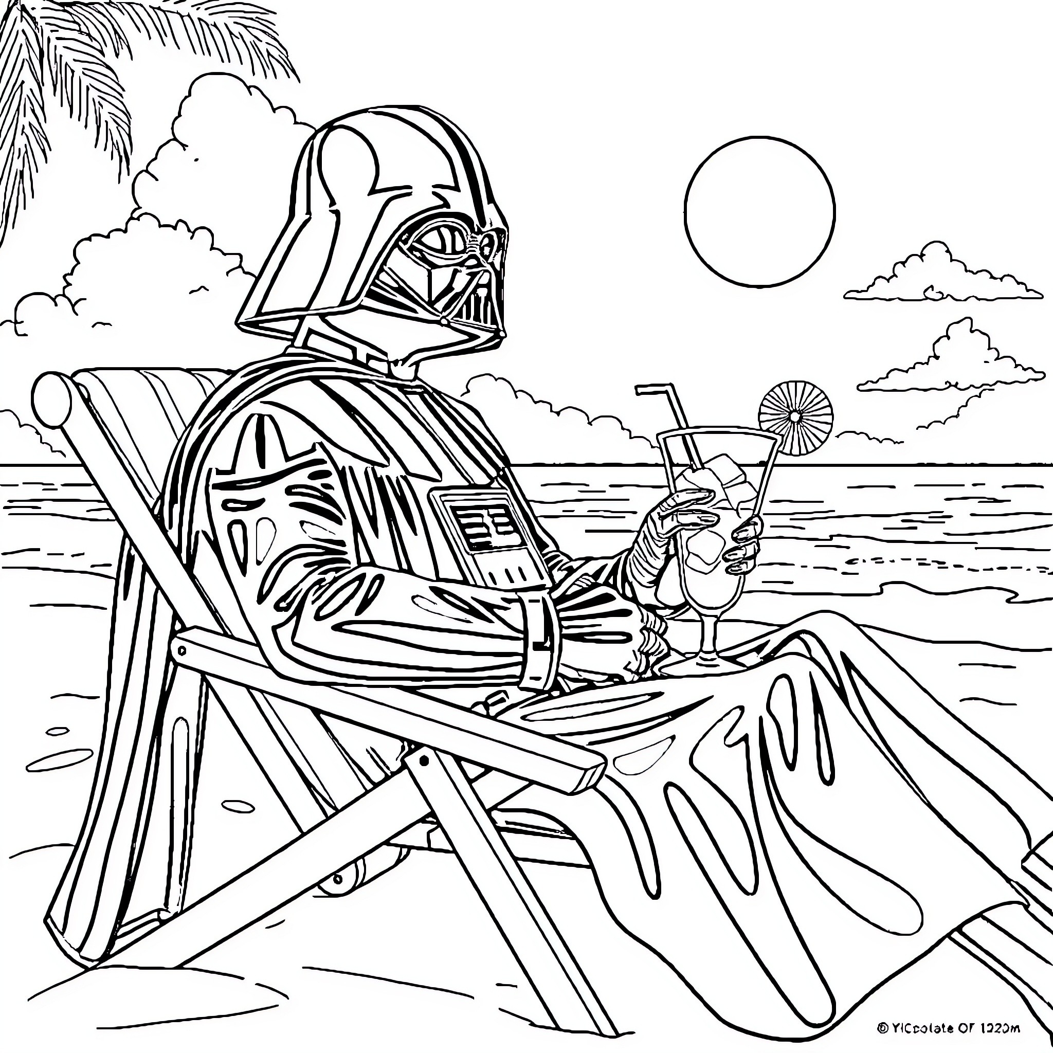 Darth Vader relaxing on the beach Coloring Page (free black-and-white line drawing printable PDF for all, from beginners to advanced learners, including children, teens, adults, and seniors)