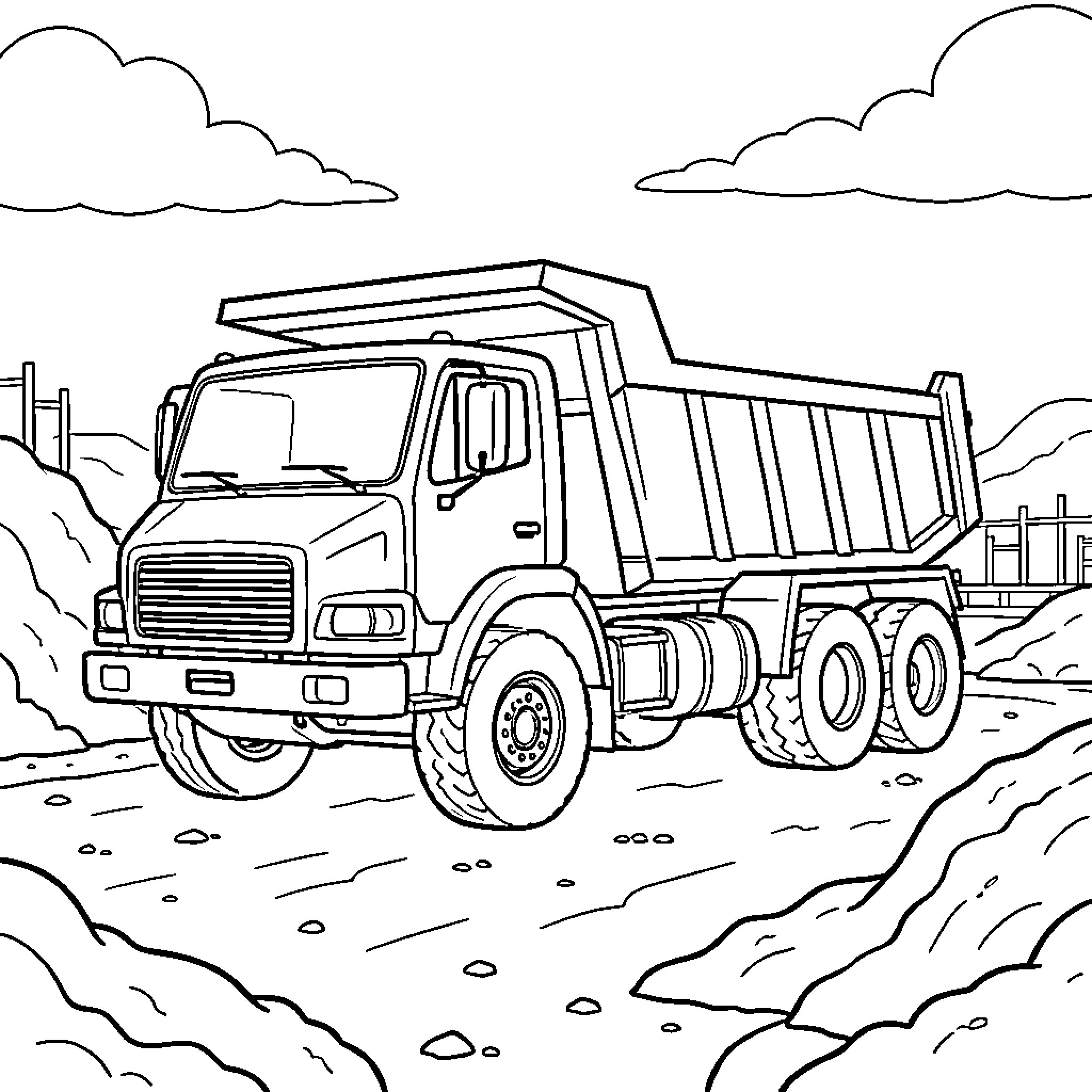 Dump Truck Carrying Cargo on Rugged Terrain Coloring Page (free black-and-white line drawing printable PDF for all, from beginners to advanced learners, including children, teens, adults, and seniors)