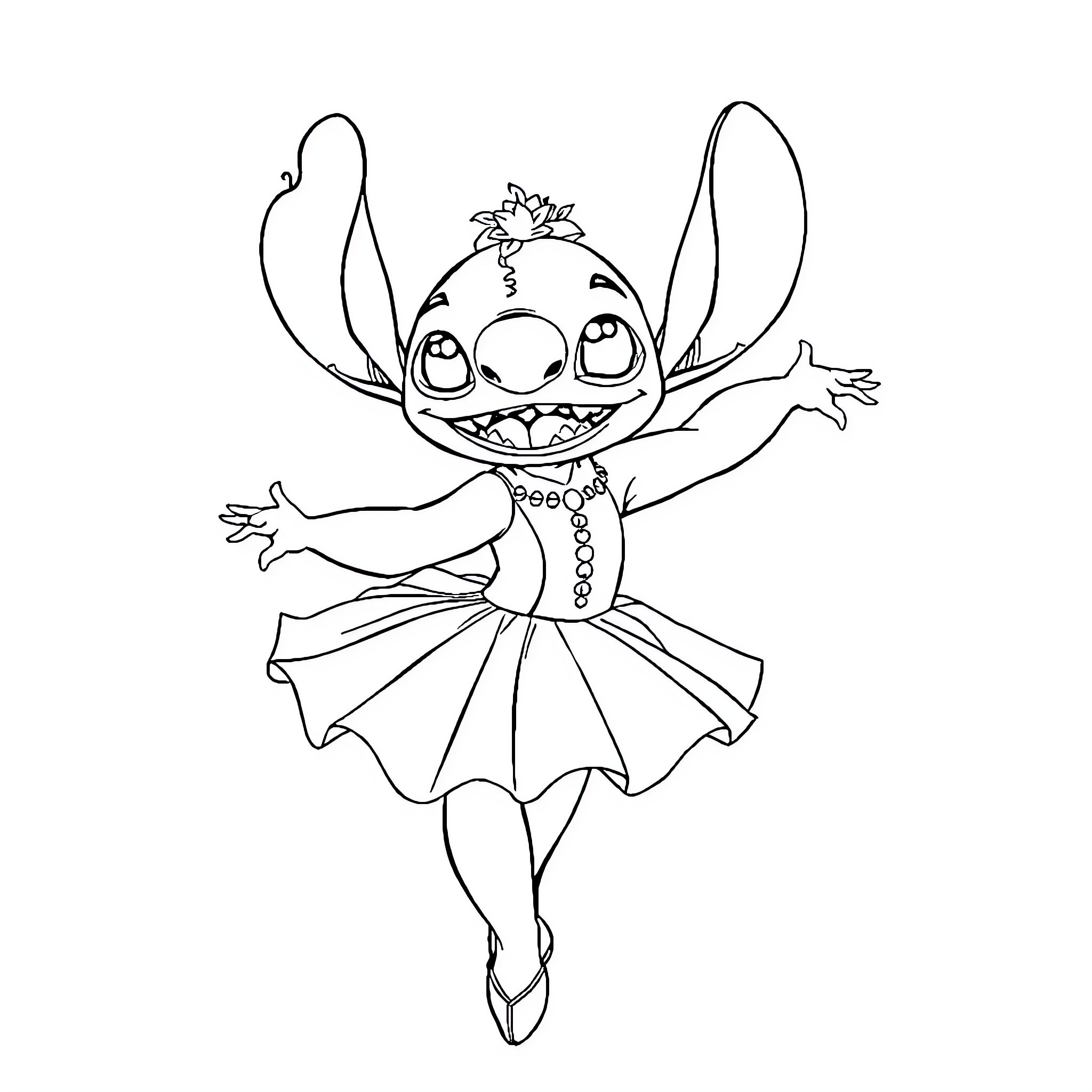 Stitch dancing joyfully in a tutu Coloring Page (free black-and-white line drawing printable PDF for all, from beginners to advanced learners, including children, teens, adults, and seniors)