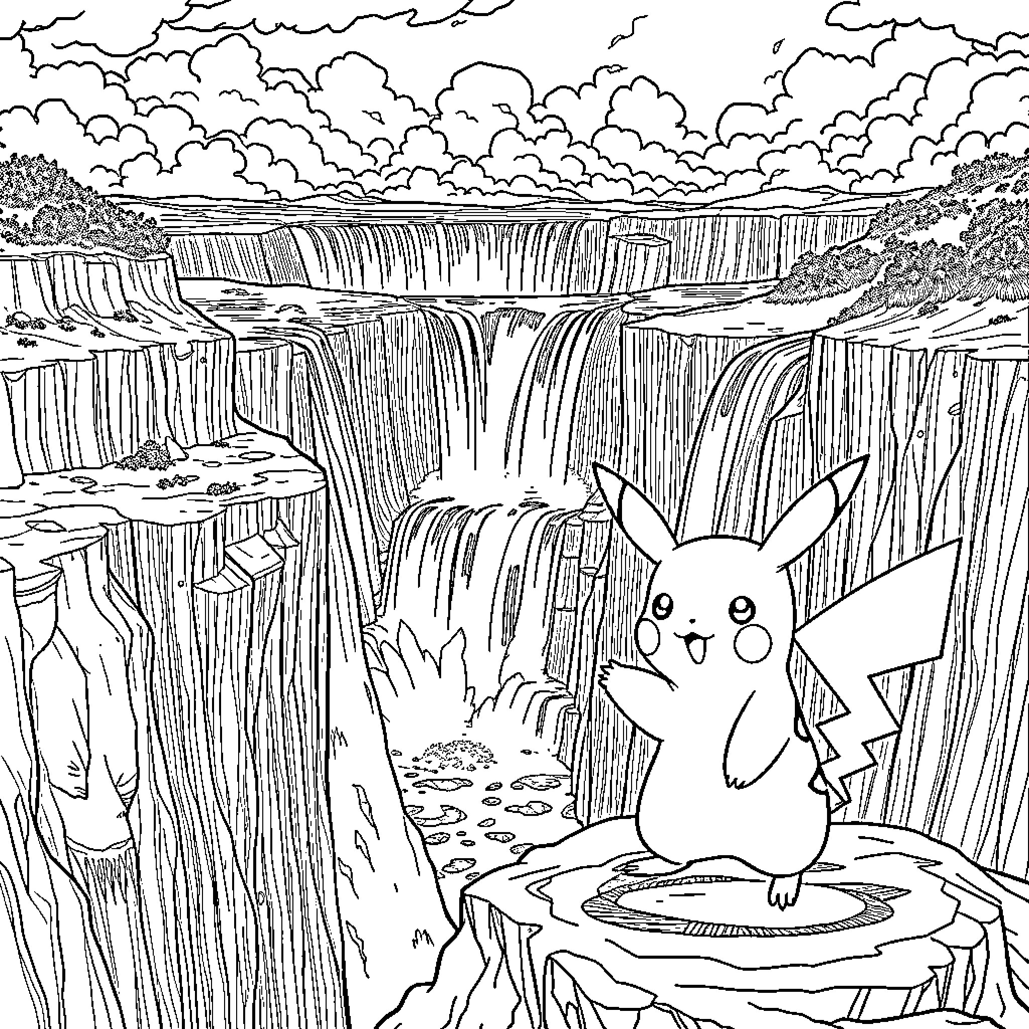 Pikachu enjoying the majestic waterfall scene Coloring Page (free black-and-white line drawing printable PDF for all, from beginners to advanced learners, including children, teens, adults, and seniors)