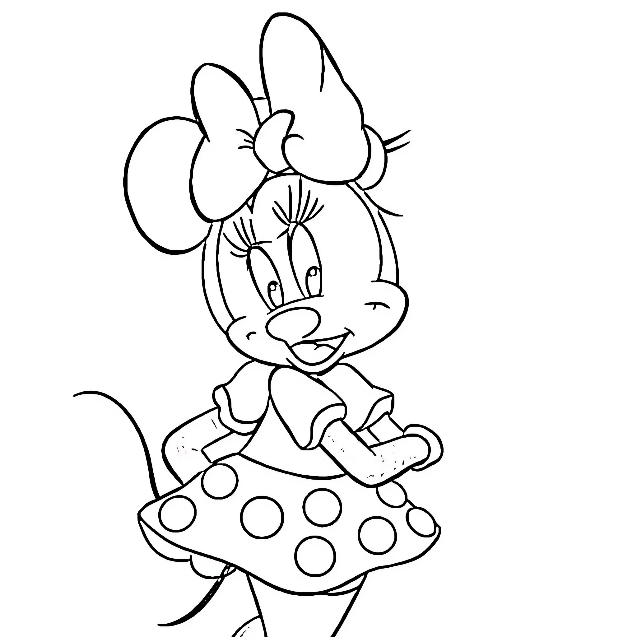 Minnie Mouse in Polka Dot Dress Posing Cheerfully Coloring Page (free black-and-white line drawing printable PDF for all, from beginners to advanced learners, including children, teens, adults, and seniors)