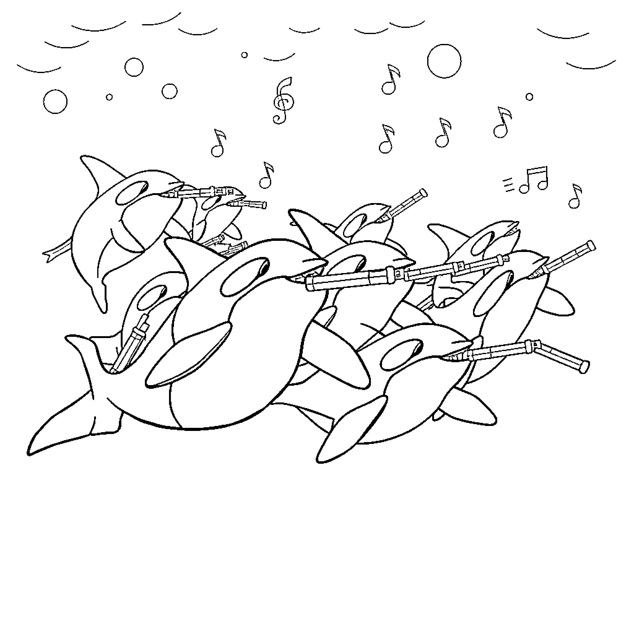 Orca playing music with friends Coloring Page (free black-and-white line drawing printable PDF for all, from beginners to advanced learners, including children, teens, adults, and seniors)