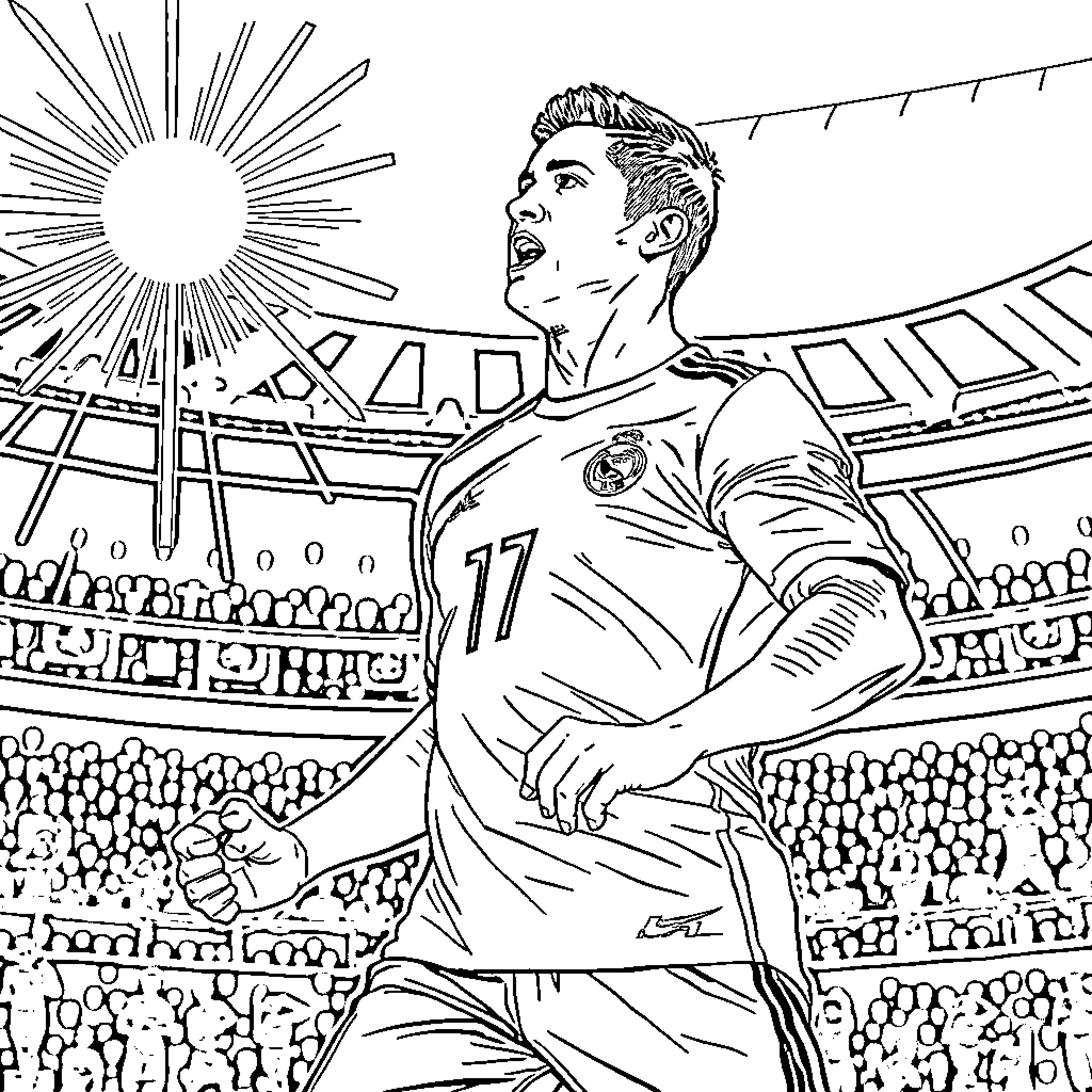 Cristiano Ronaldo Celebrating Victory on the Pitch Coloring Page (free black-and-white line drawing printable PDF for all, from beginners to advanced learners, including children, teens, adults, and seniors)