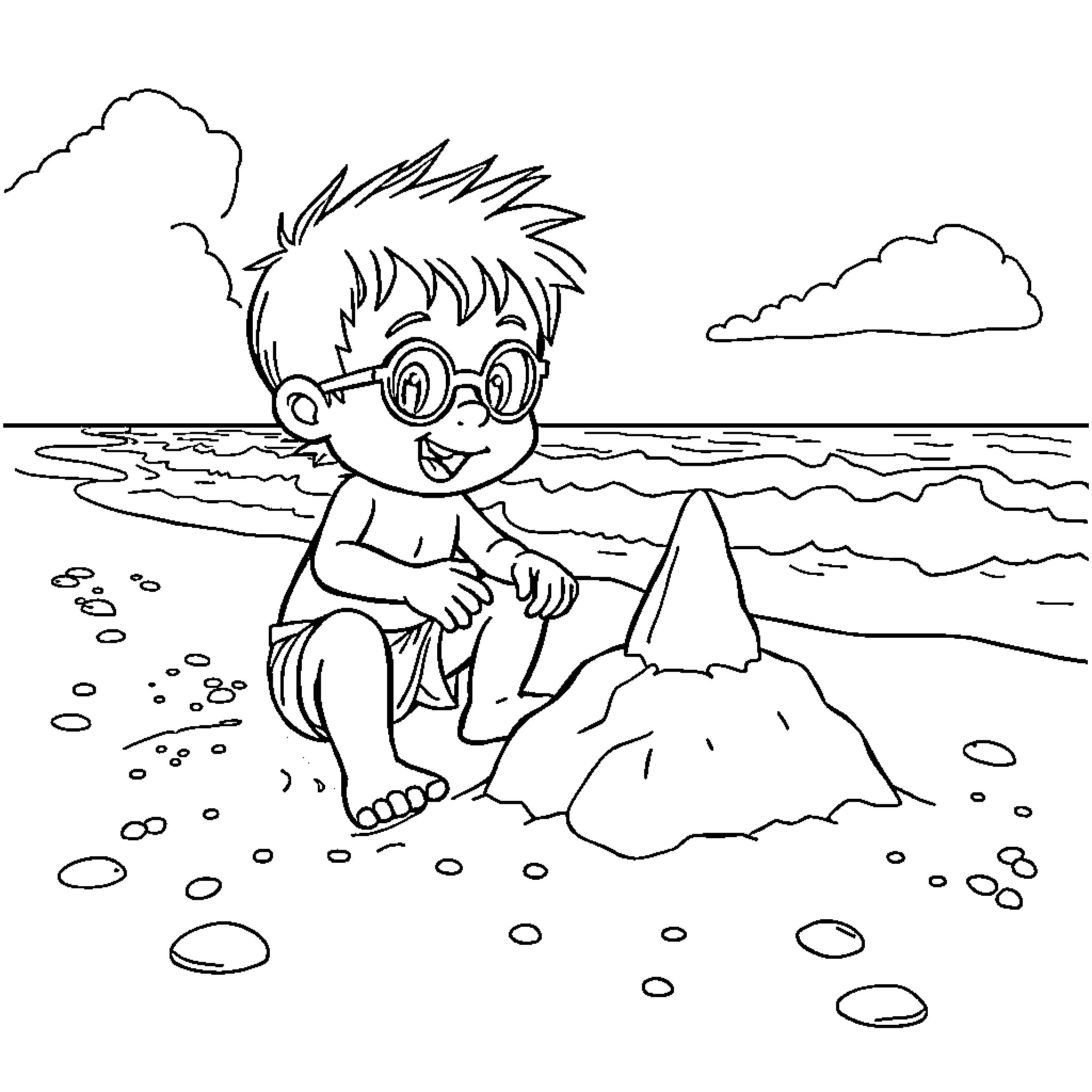 Chupi's Beach Day with Sandcastles and Waves Coloring Page (free black-and-white line drawing printable PDF for all, from beginners to advanced learners, including children, teens, adults, and seniors)