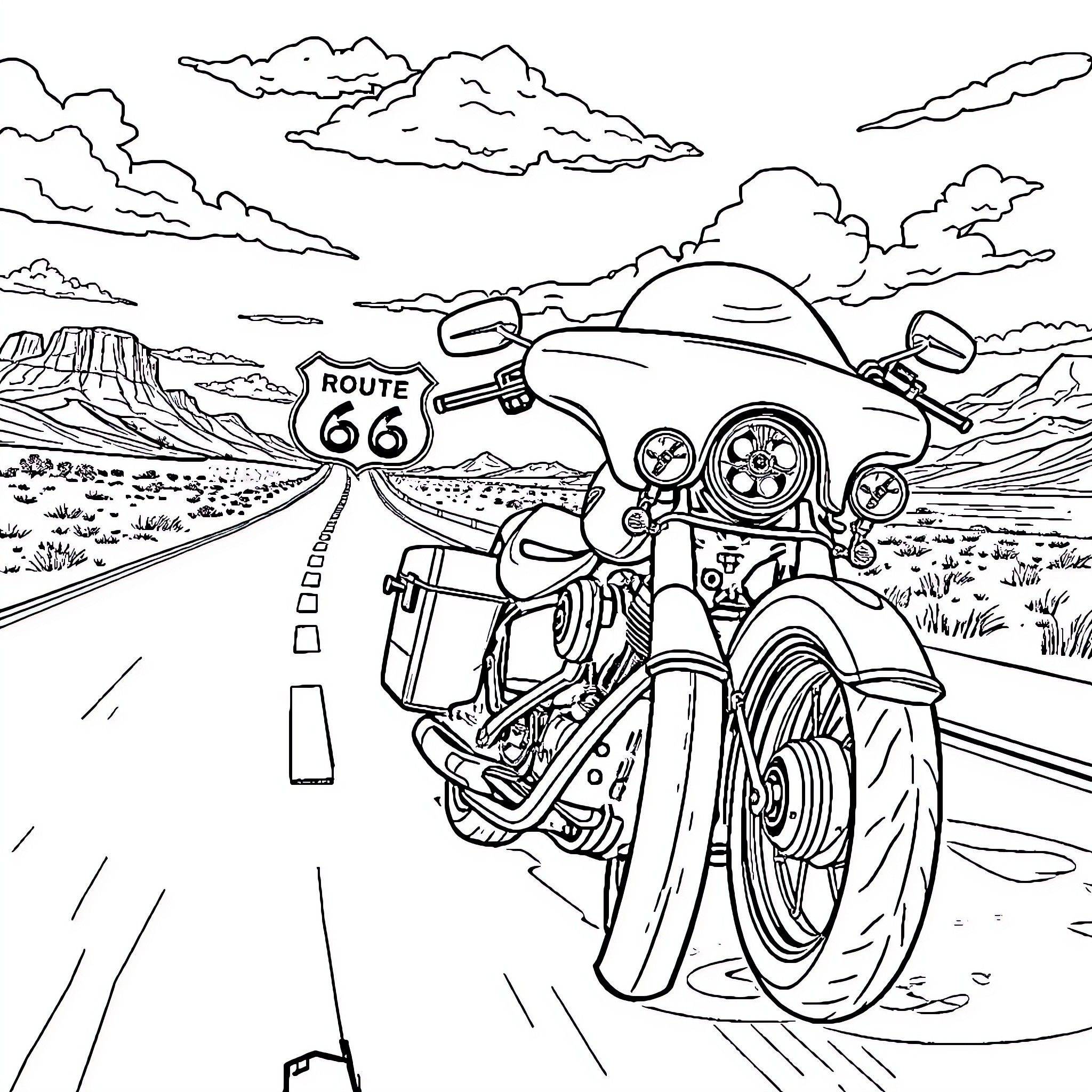 Harley Davidson Motorcycle Riding on Route 66 in the Desert Coloring Page (free black-and-white line drawing printable PDF for all, from beginners to advanced learners, including children, teens, adults, and seniors)