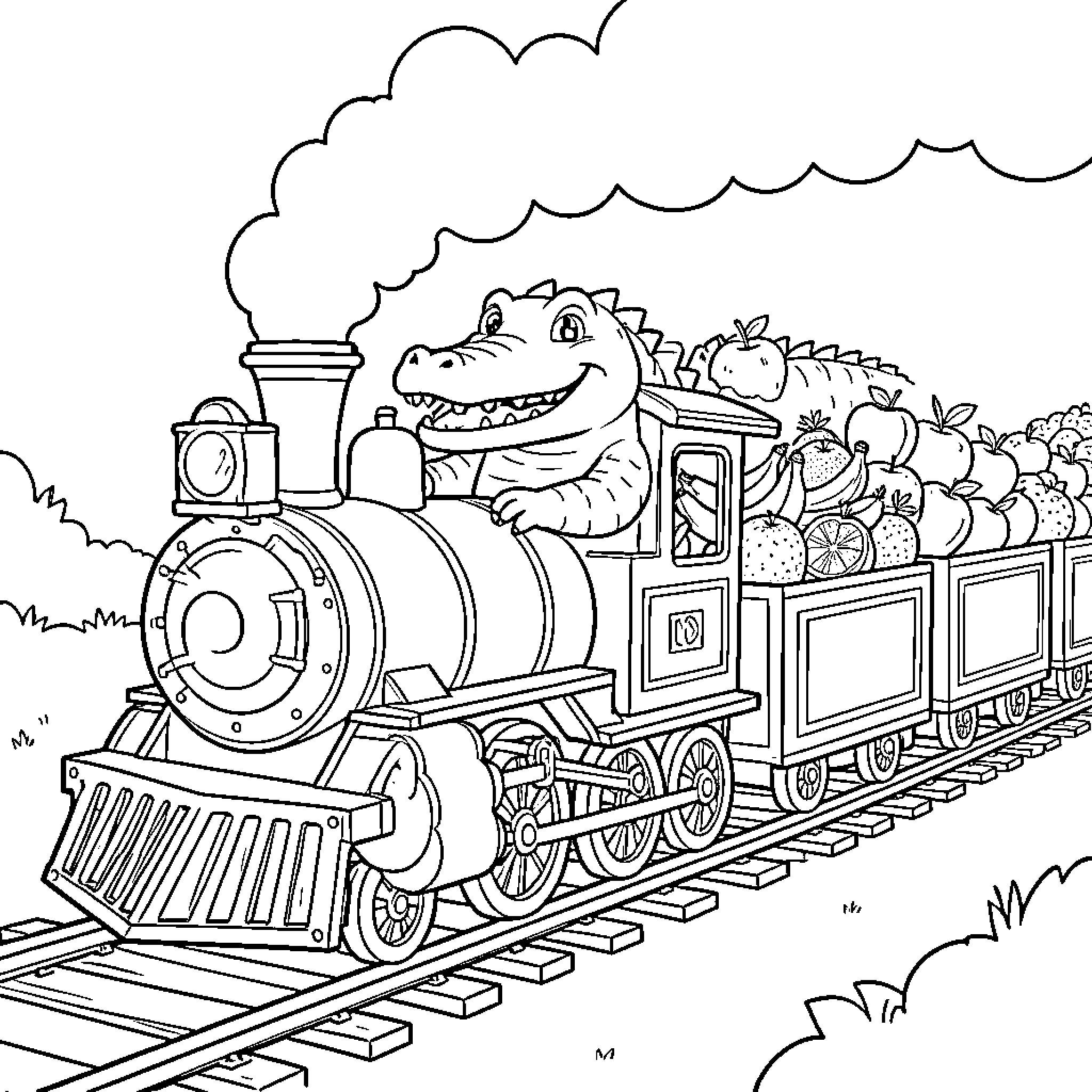 Train carrying happy critters on a journey Coloring Page (free black-and-white line drawing printable PDF for all, from beginners to advanced learners, including children, teens, adults, and seniors)