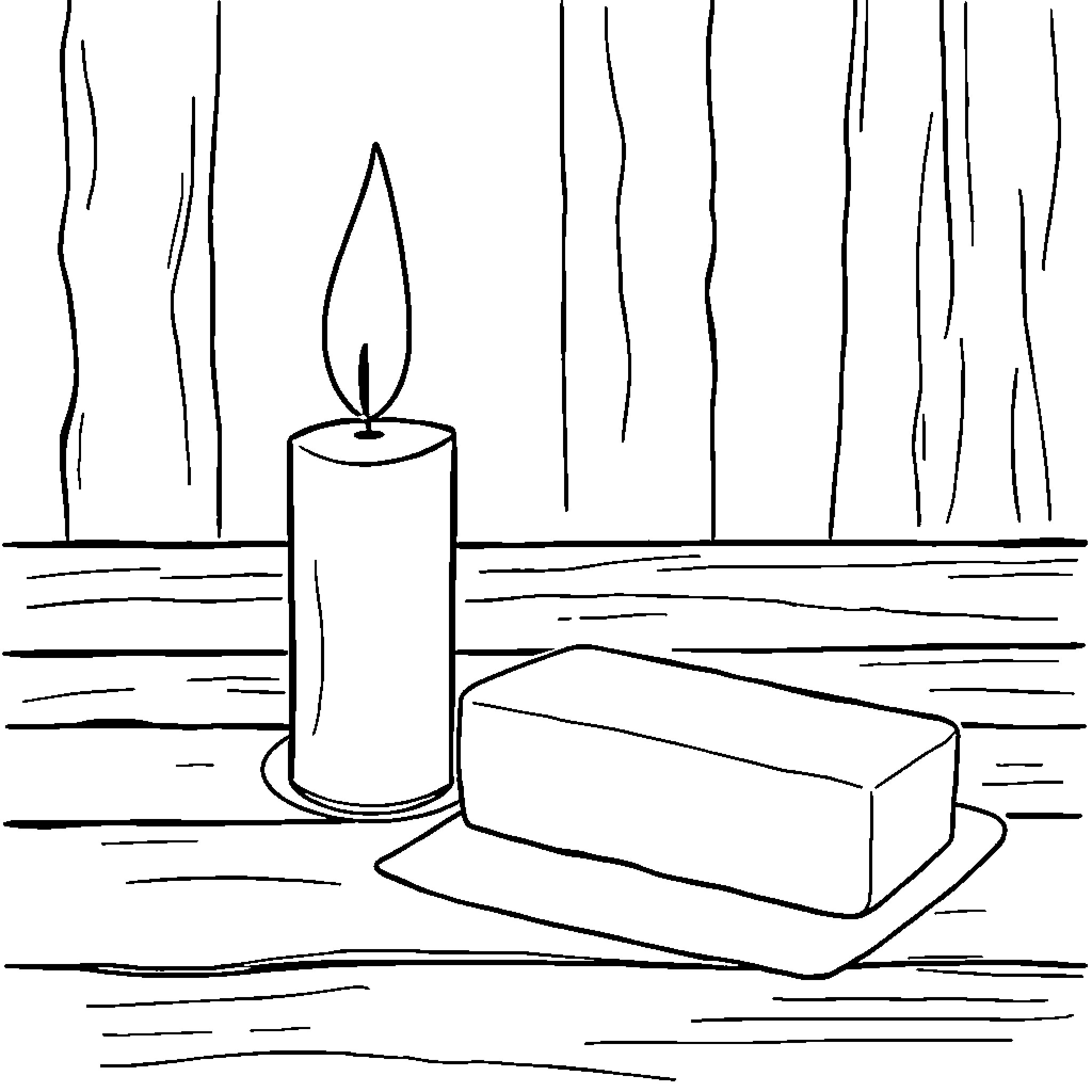 Candle and Butter on Wooden Table Coloring Page (free black-and-white line drawing printable PDF for all, from beginners to advanced learners, including children, teens, adults, and seniors)