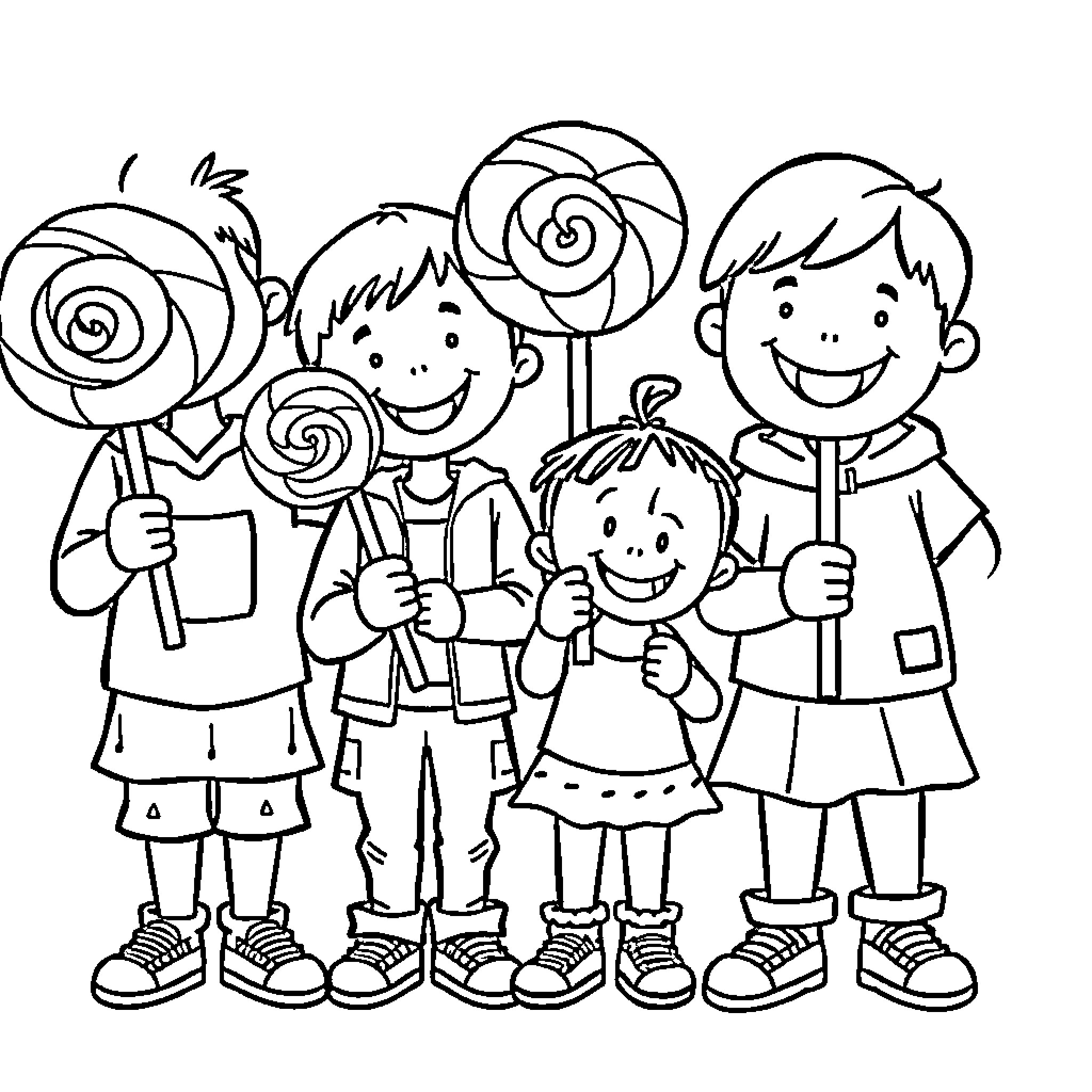 Kid Friends Holding Lollipops and Smiling Happily Coloring Page (free black-and-white line drawing printable PDF for all, from beginners to advanced learners, including children, teens, adults, and seniors)