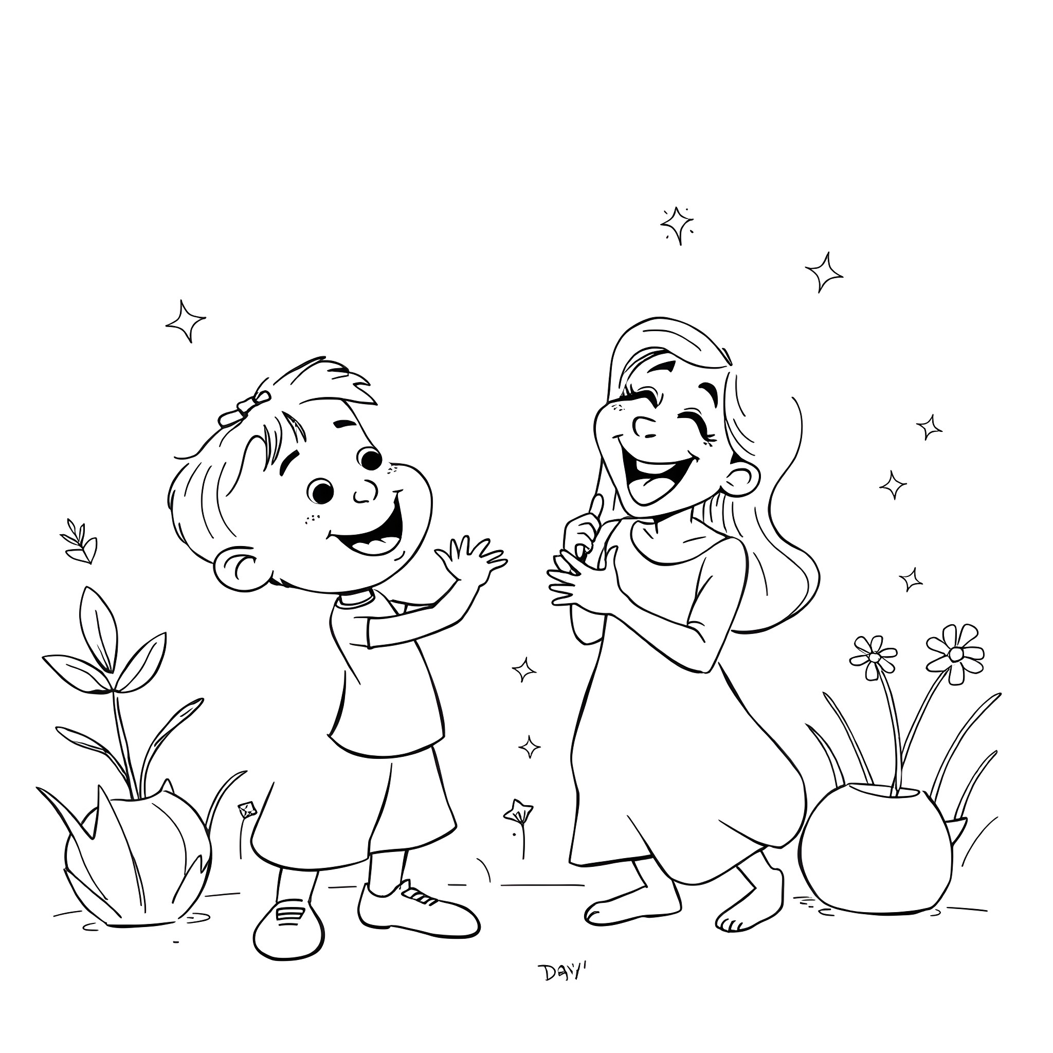 Eric Davis playing happily with a cheerful friend in the garden Coloring Page (free black-and-white line drawing printable PDF for all, from beginners to advanced learners, including children, teens, adults, and seniors)