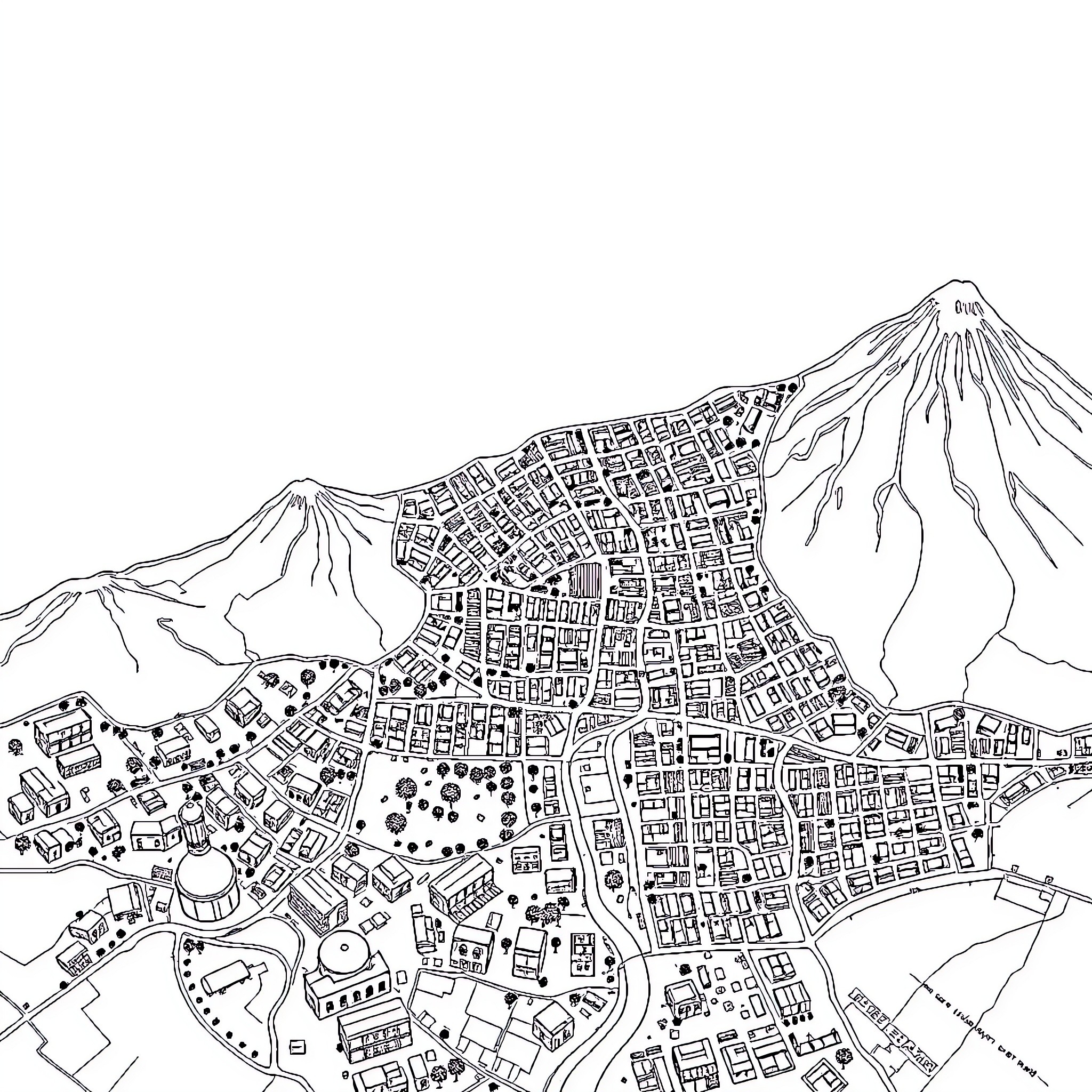 City Map of Urban Landscape with Mountains Coloring Page (free black-and-white line drawing printable PDF for all, from beginners to advanced learners, including children, teens, adults, and seniors)