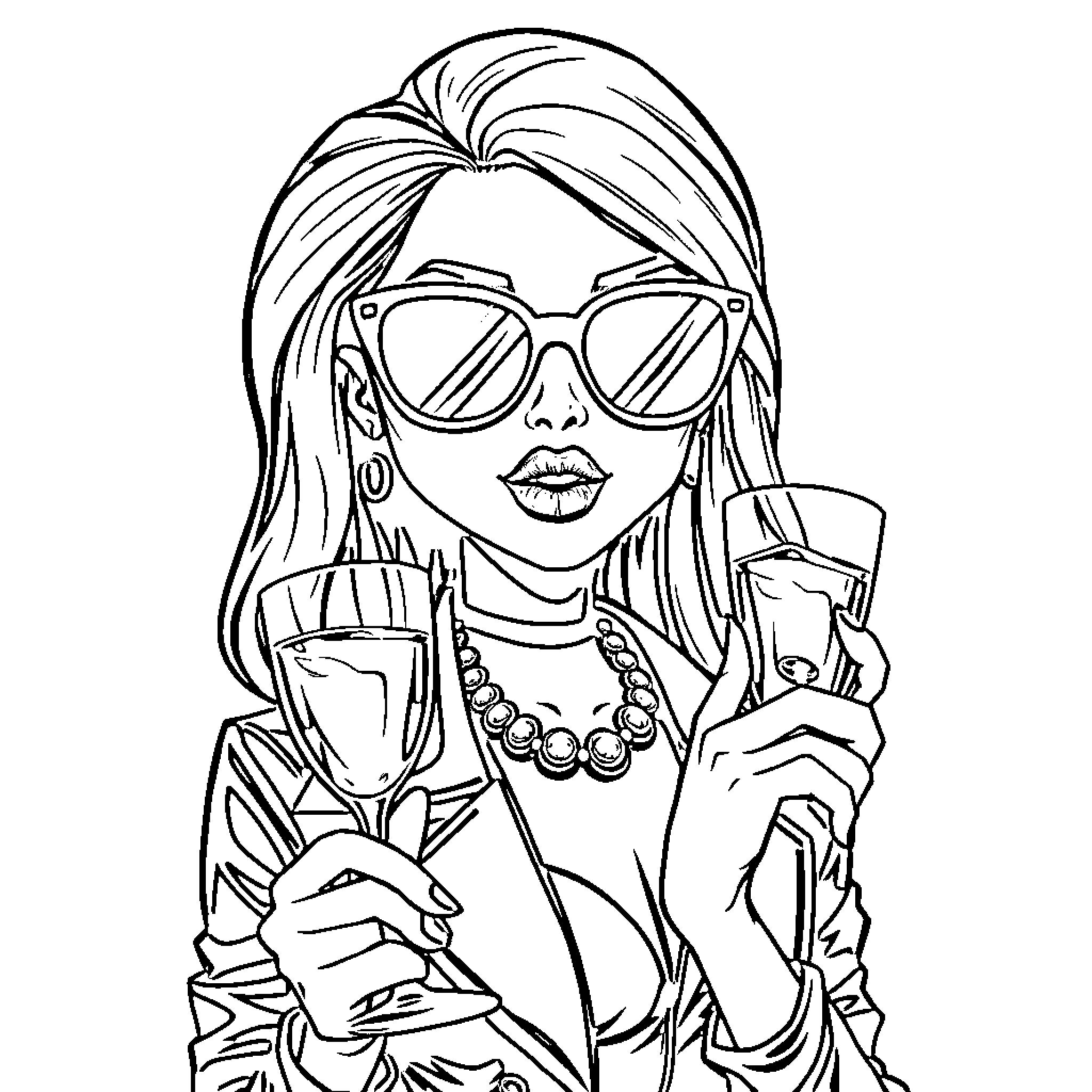 Girl with sunglasses enjoying a drink Coloring Page (free black-and-white line drawing printable PDF for all, from beginners to advanced learners, including children, teens, adults, and seniors)