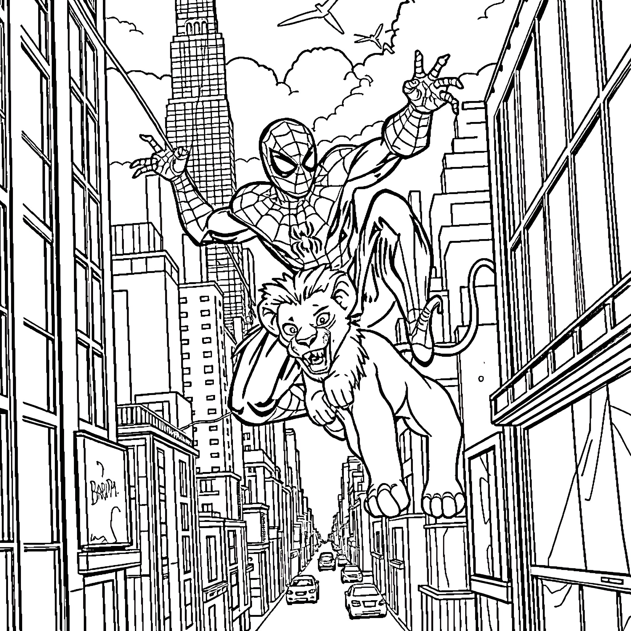 Spider-Man swinging through the city with a lion Coloring Page (free black-and-white line drawing printable PDF for all, from beginners to advanced learners, including children, teens, adults, and seniors)
