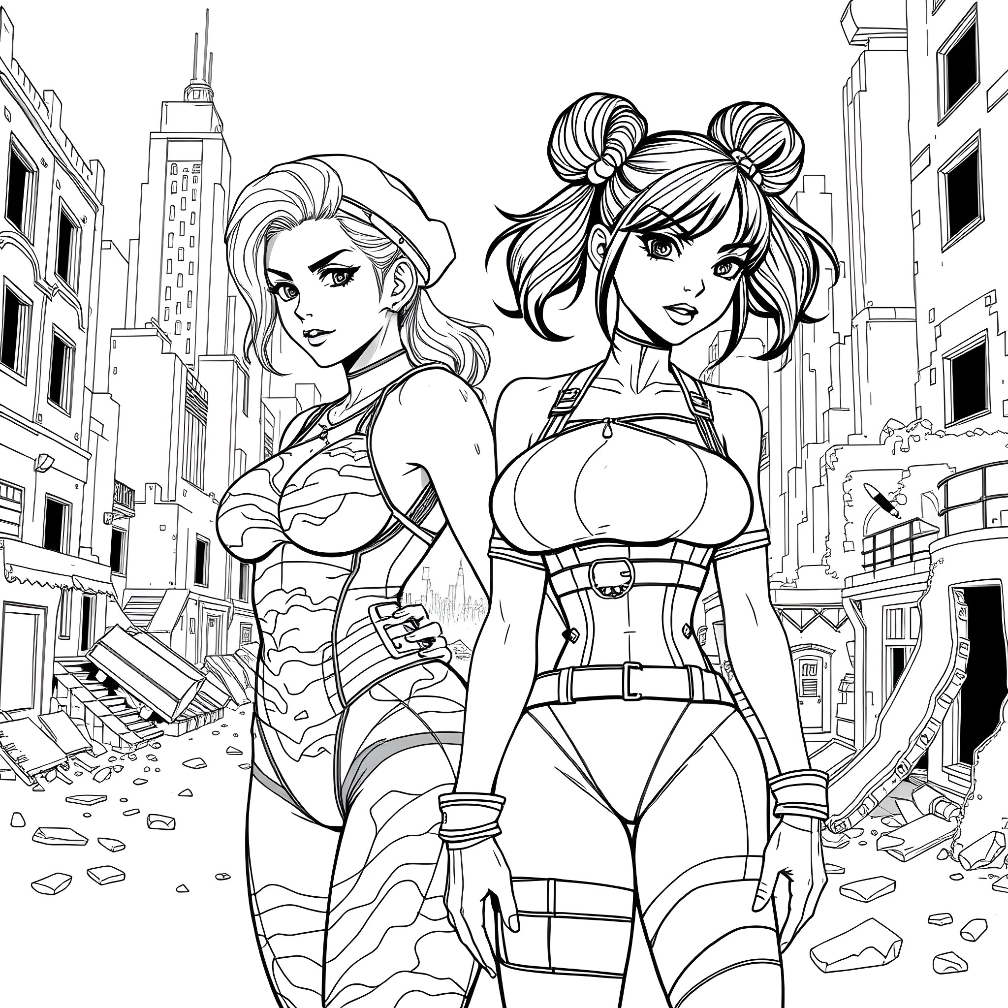 Cammy and Chun-Li in Action Against the City Skyline Coloring Page (free black-and-white line drawing printable PDF for all, from beginners to advanced learners, including children, teens, adults, and seniors)