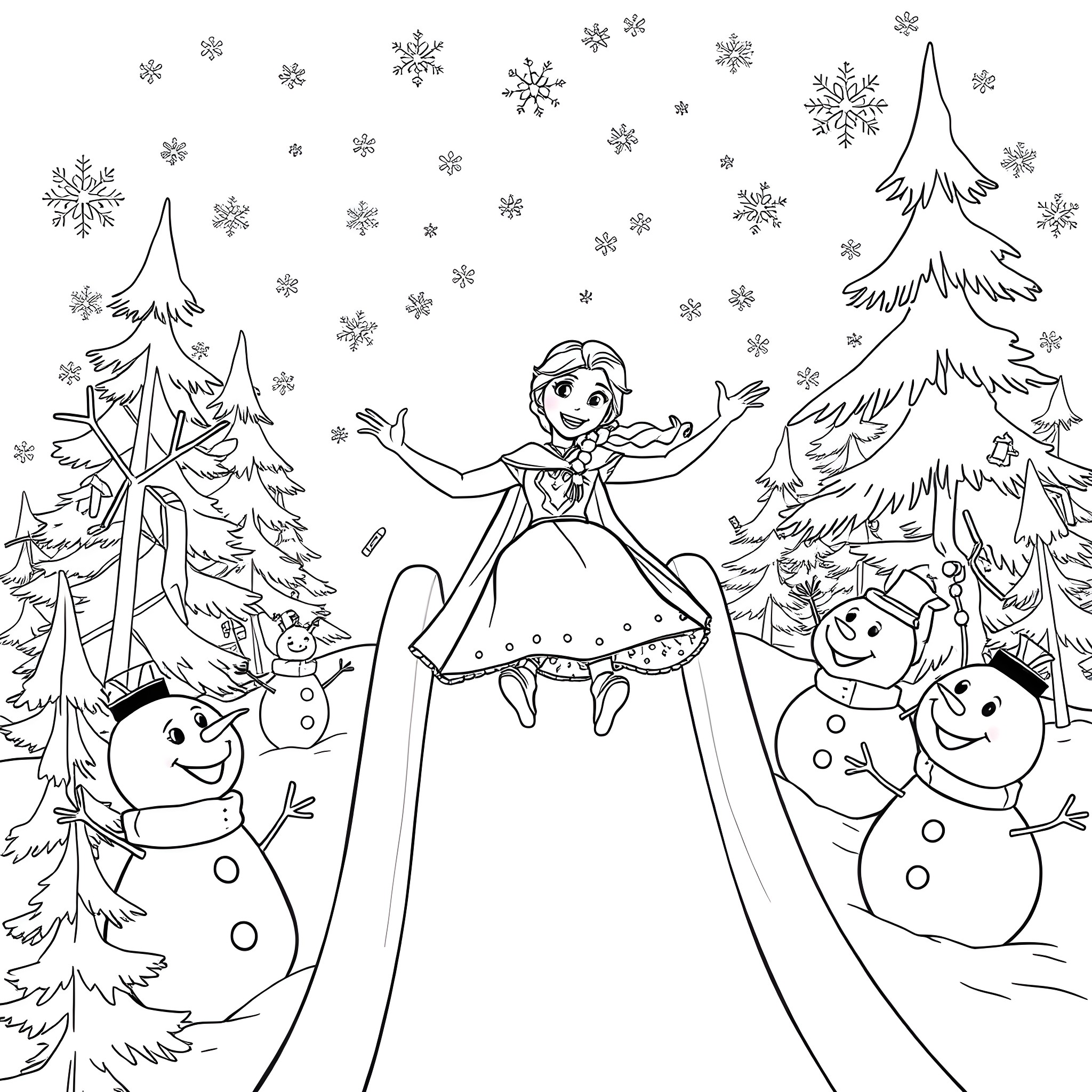 Anna's Snowy Adventure with Snowmen Coloring Page (free black-and-white line drawing printable PDF for all, from beginners to advanced learners, including children, teens, adults, and seniors)