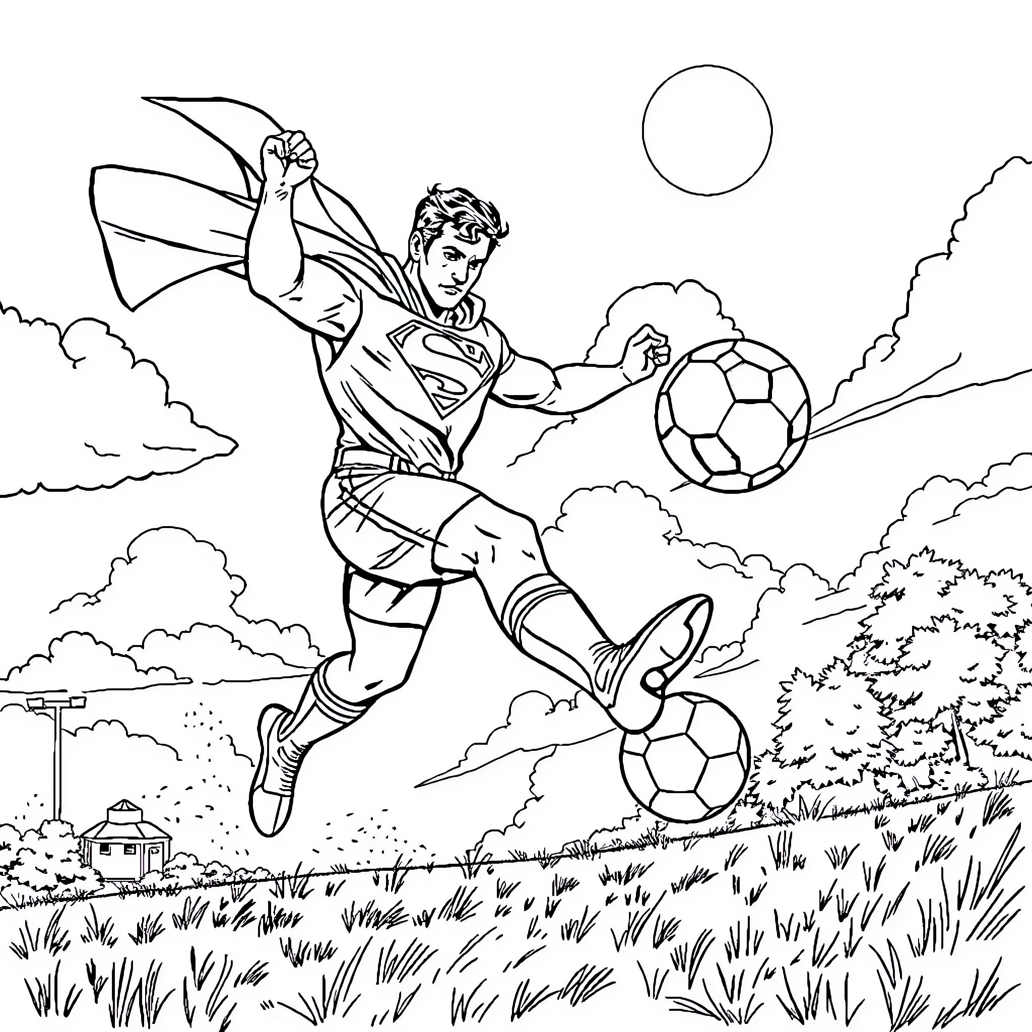 Superman kicking soccer ball in the sky Coloring Page (free black-and-white line drawing printable PDF for all, from beginners to advanced learners, including children, teens, adults, and seniors)