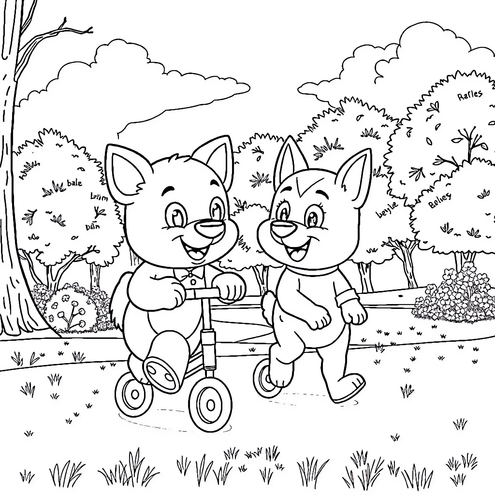 Bluey and Bingo playing on a tricycle in the park Coloring Page (free black-and-white line drawing printable PDF for all, from beginners to advanced learners, including children, teens, adults, and seniors)