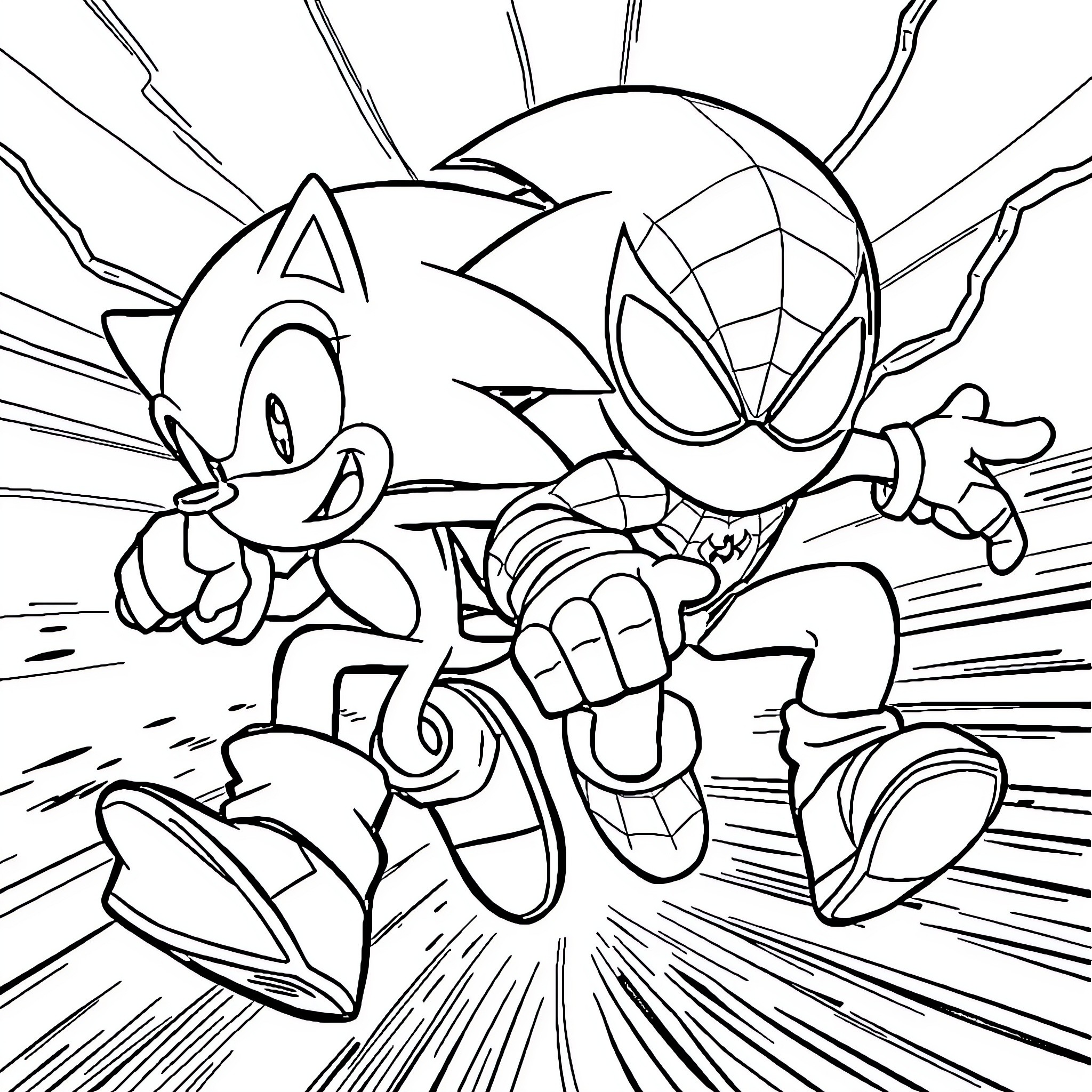 Sonic and Spider-Man racing in action Coloring Page (free black-and-white line drawing printable PDF for all, from beginners to advanced learners, including children, teens, adults, and seniors)