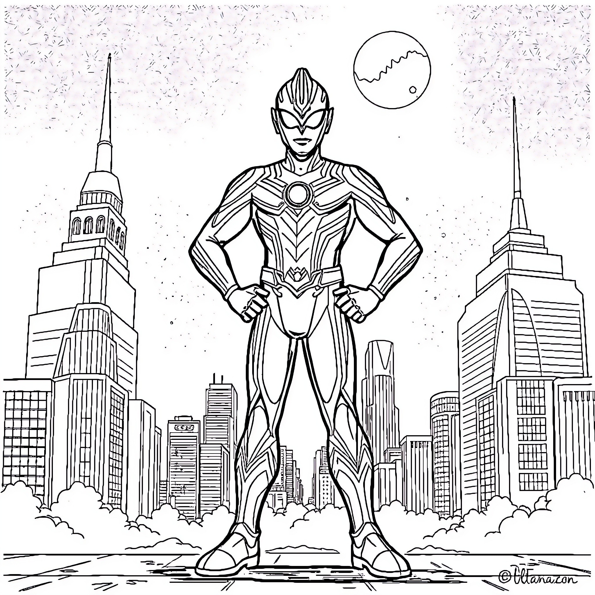 Ultraman heroically stands in the city Coloring Page (free black-and-white line drawing printable PDF for all, from beginners to advanced learners, including children, teens, adults, and seniors)