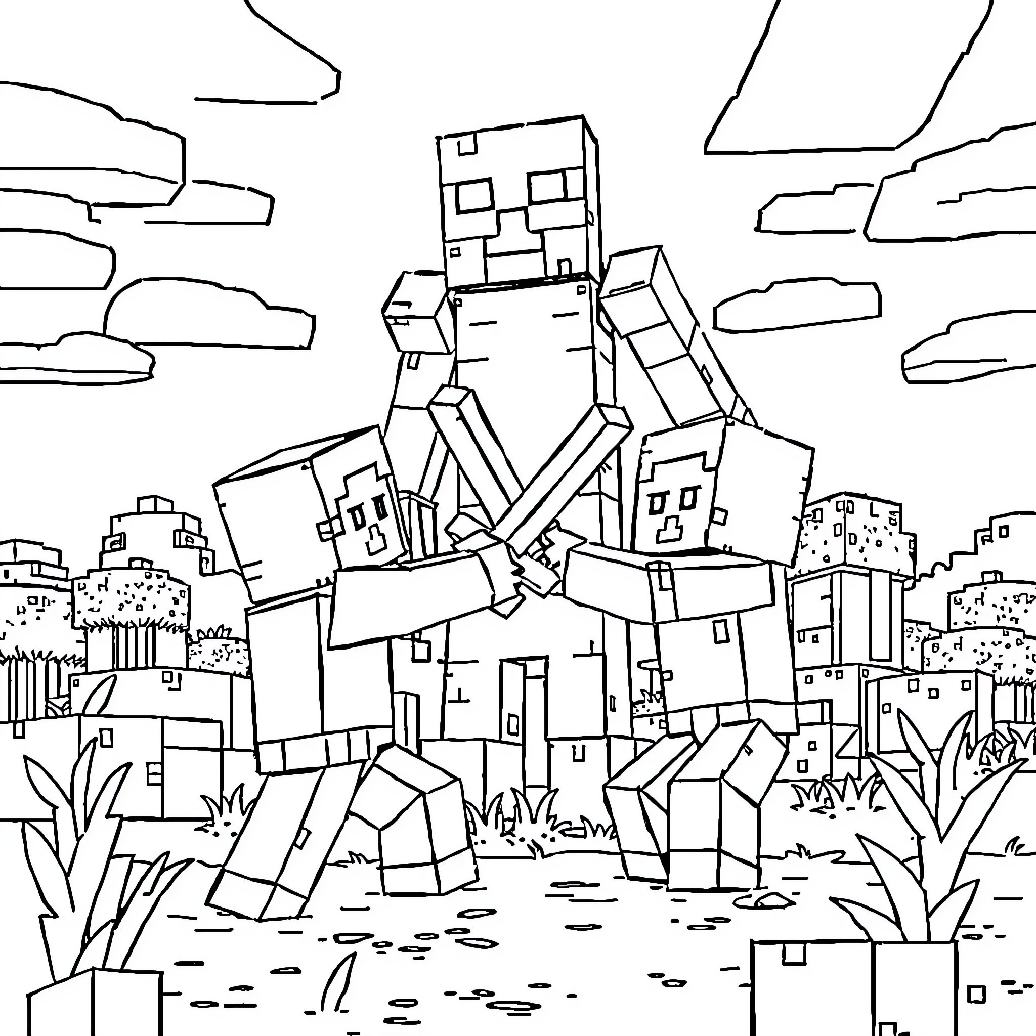 Steve explores the blocky city landscape Coloring Page (free black-and-white line drawing printable PDF for all, from beginners to advanced learners, including children, teens, adults, and seniors)