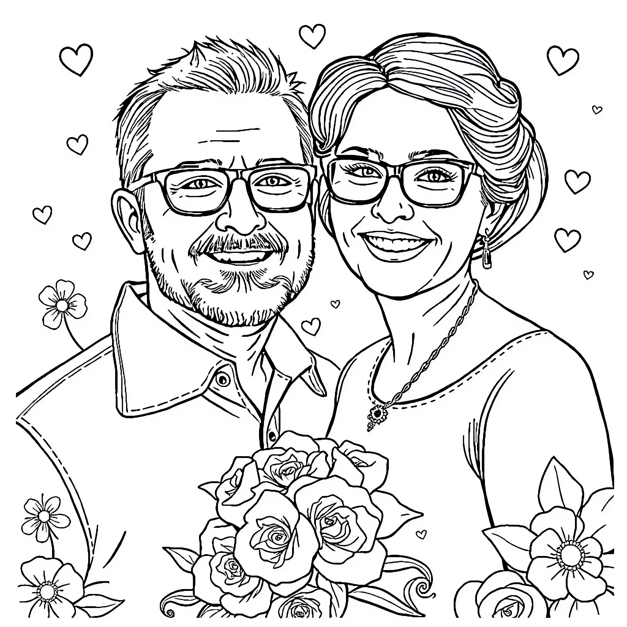 Tim and Cheryl's Loving Portrait with Floral Backdrop Coloring Page (free black-and-white line drawing printable PDF for all, from beginners to advanced learners, including children, teens, adults, and seniors)