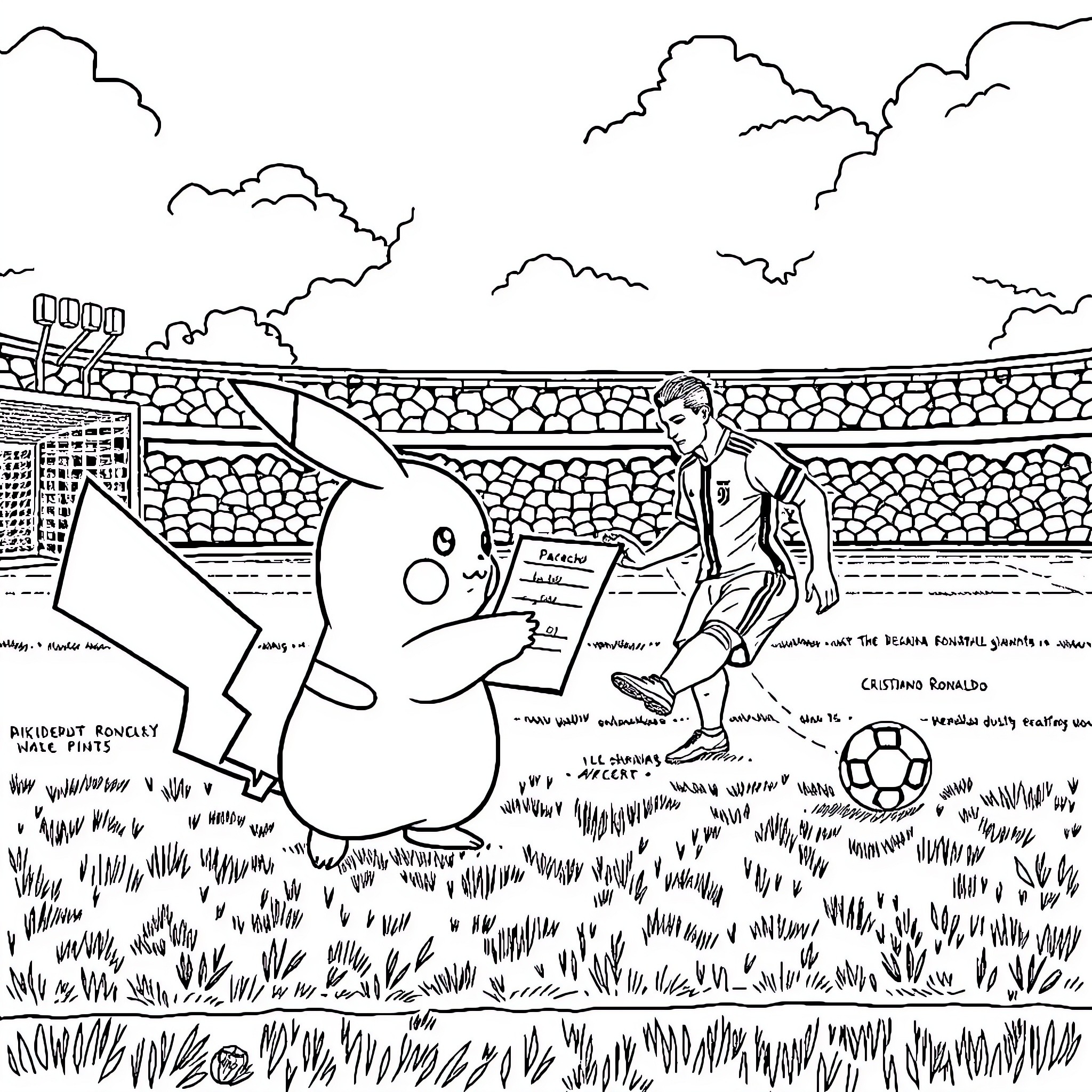 Pikachu playing soccer with a human player Coloring Page (free black-and-white line drawing printable PDF for all, from beginners to advanced learners, including children, teens, adults, and seniors)