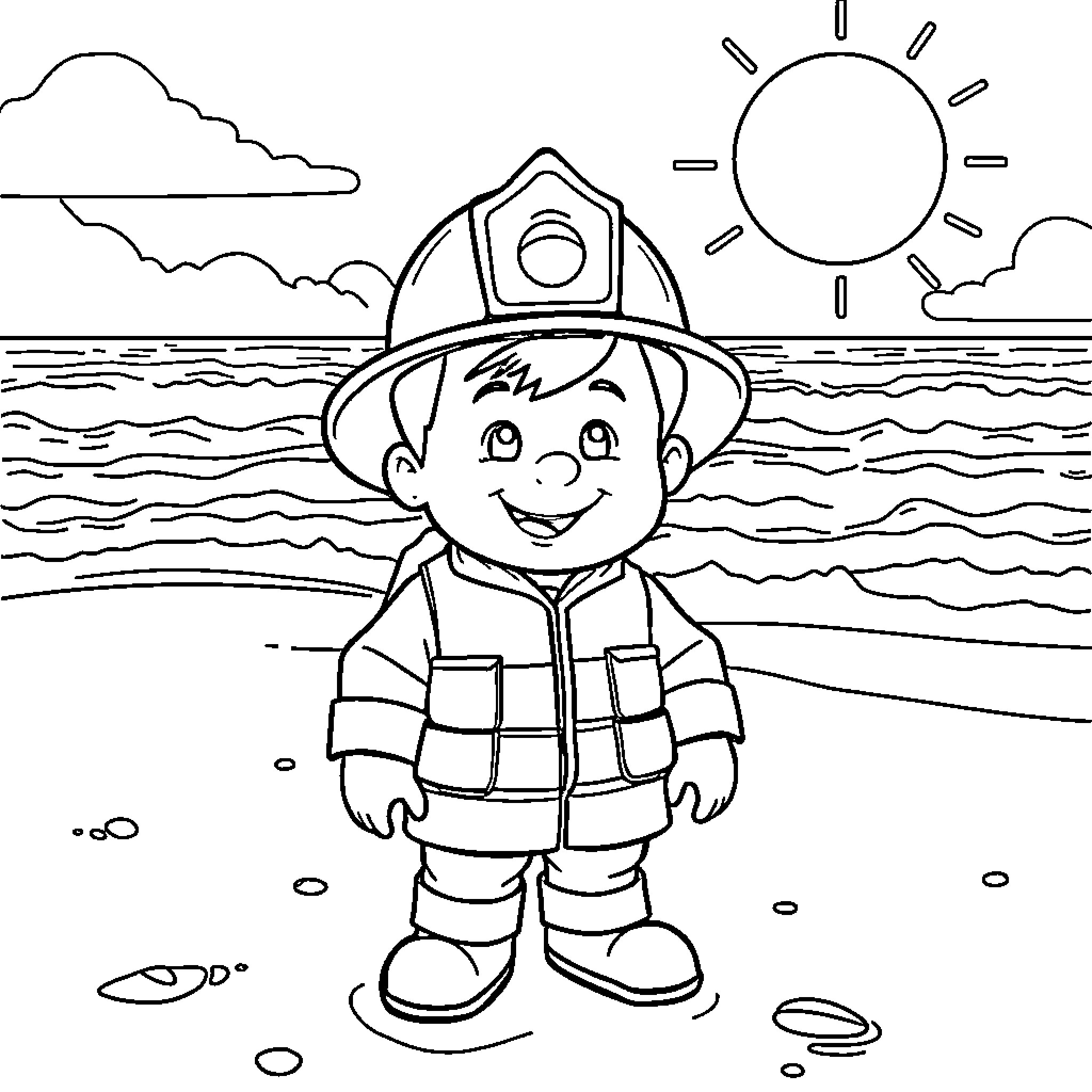 Fireman Sam Happily Exploring the Beach Coloring Page (free black-and-white line drawing printable PDF for all, from beginners to advanced learners, including children, teens, adults, and seniors)