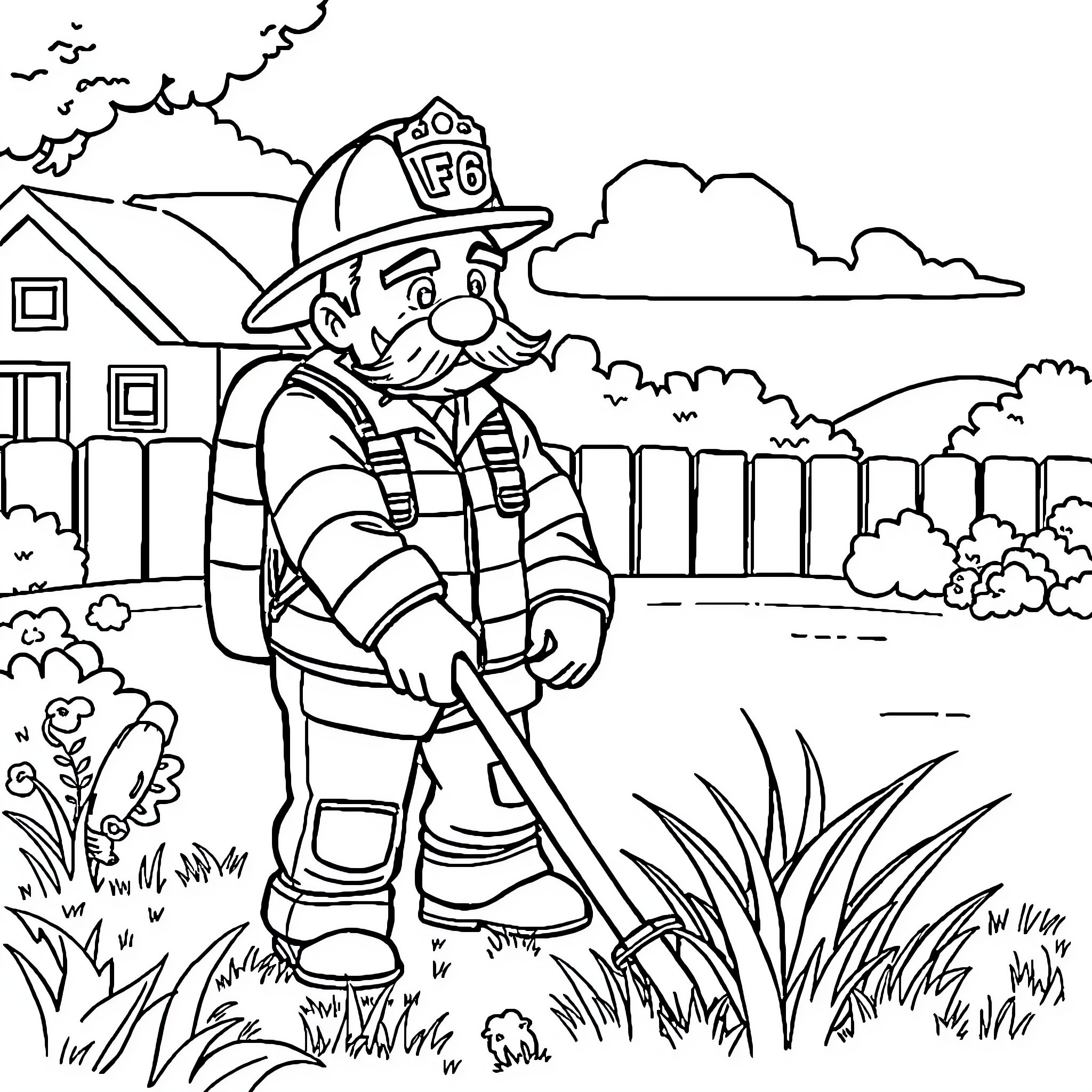 Firefighter responding to emergency in neighborhood Coloring Page (free black-and-white line drawing printable PDF for all, from beginners to advanced learners, including children, teens, adults, and seniors)