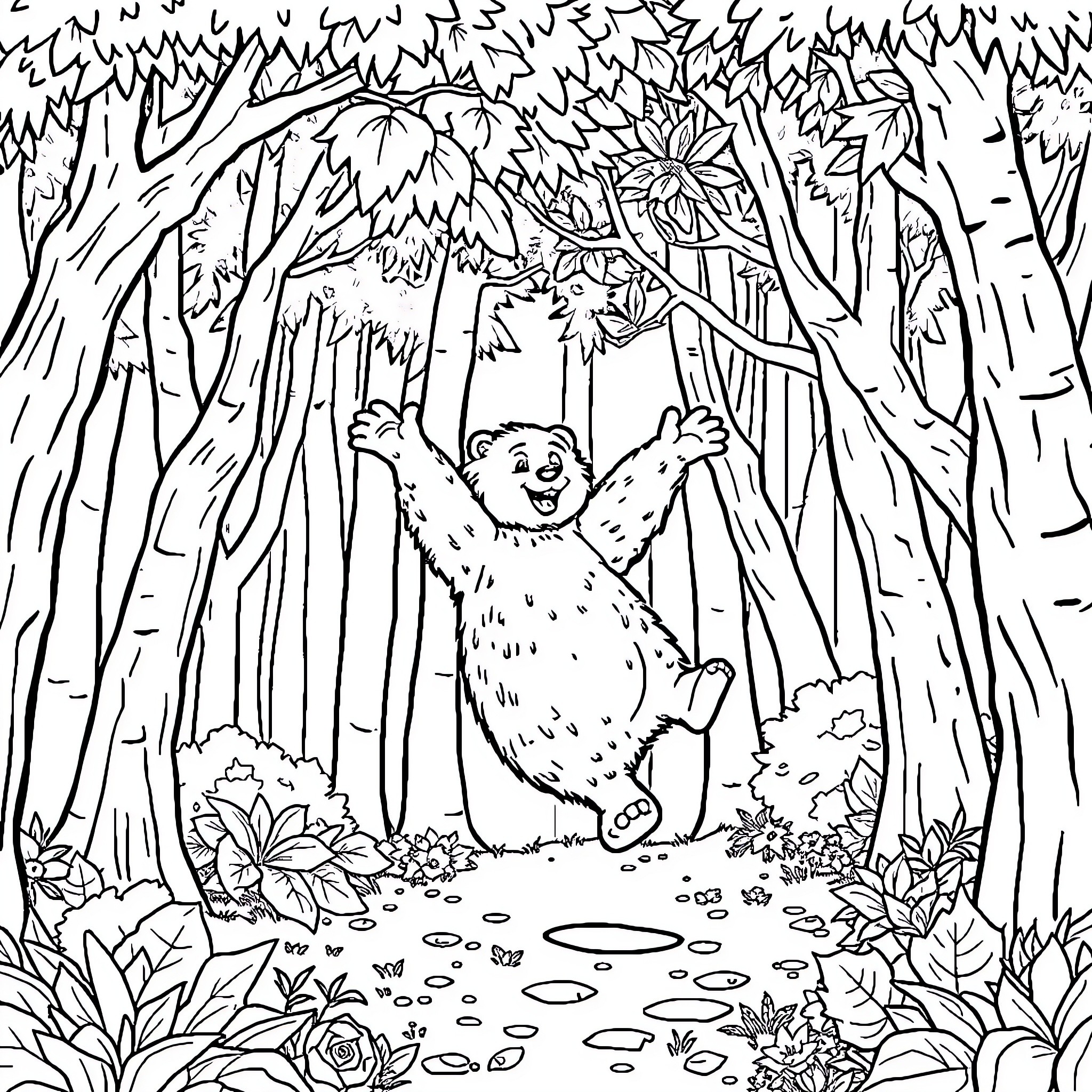 Bear playing happily in the enchanted forest Coloring Page (free black-and-white line drawing printable PDF for all, from beginners to advanced learners, including children, teens, adults, and seniors)
