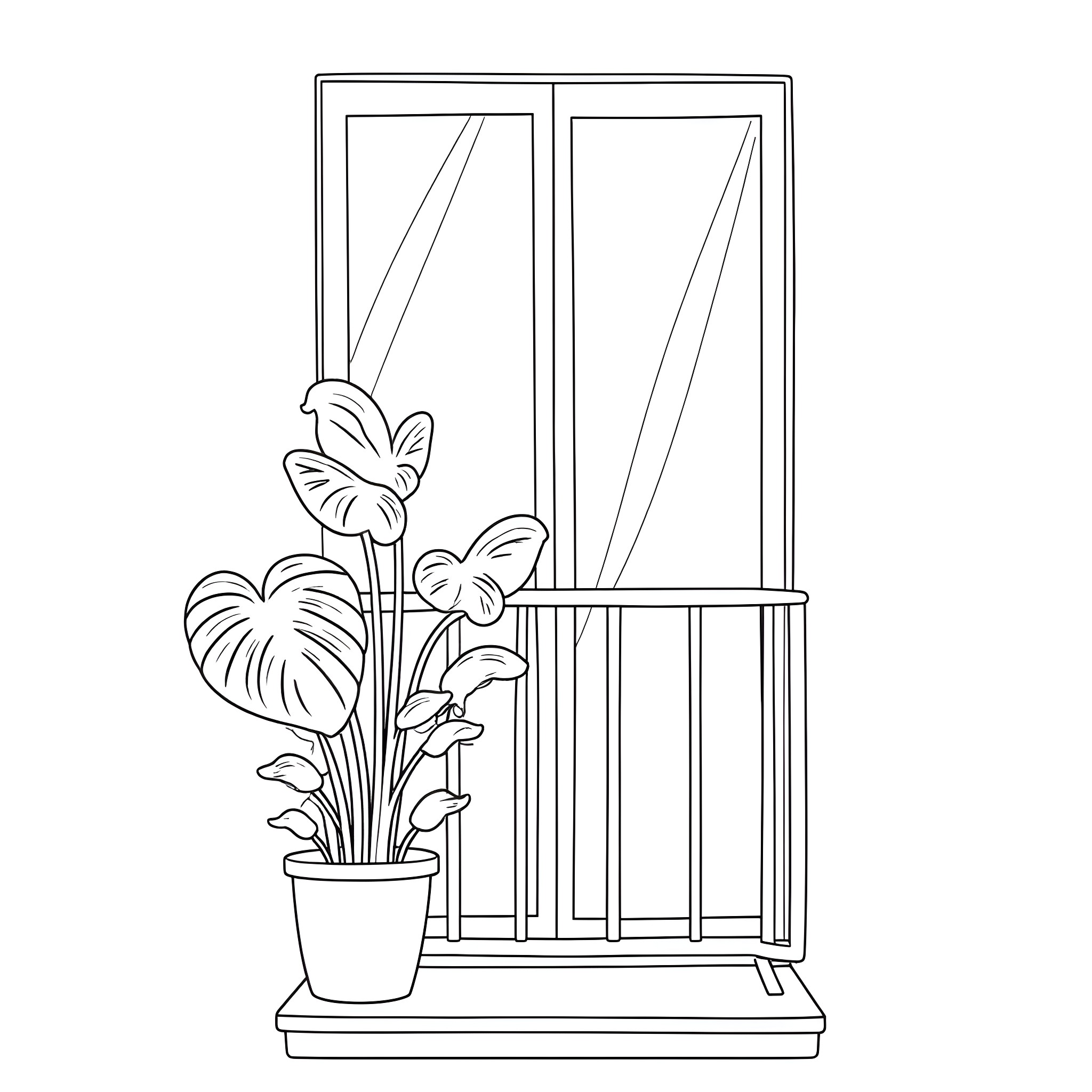 Monstera plant in front of window Coloring Page (free black-and-white line drawing printable PDF for all, from beginners to advanced learners, including children, teens, adults, and seniors)