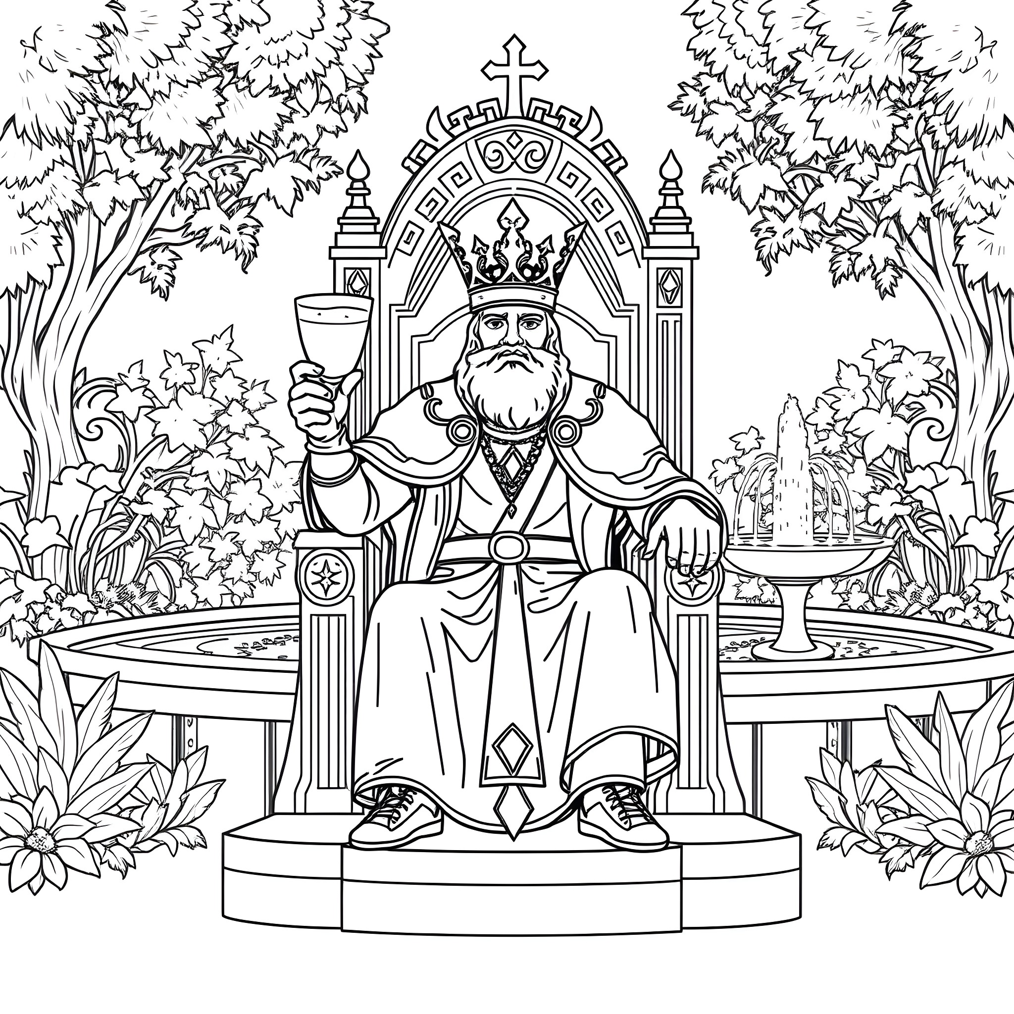 King Ruling Regally in Royal Robes Coloring Page (free black-and-white line drawing printable PDF for all, from beginners to advanced learners, including children, teens, adults, and seniors)