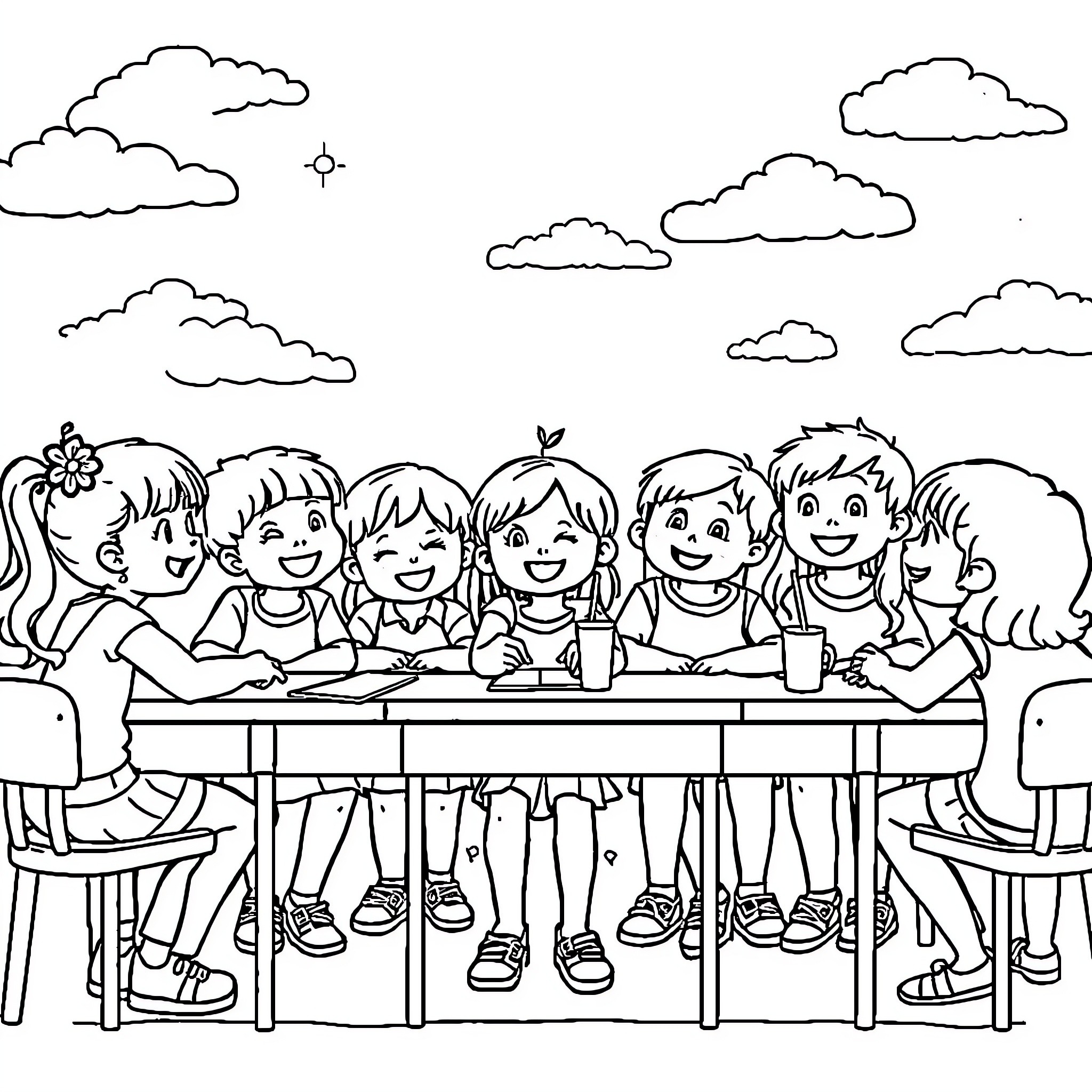 Class Fun with Friends at Lunch Coloring Page (free black-and-white line drawing printable PDF for all, from beginners to advanced learners, including children, teens, adults, and seniors)