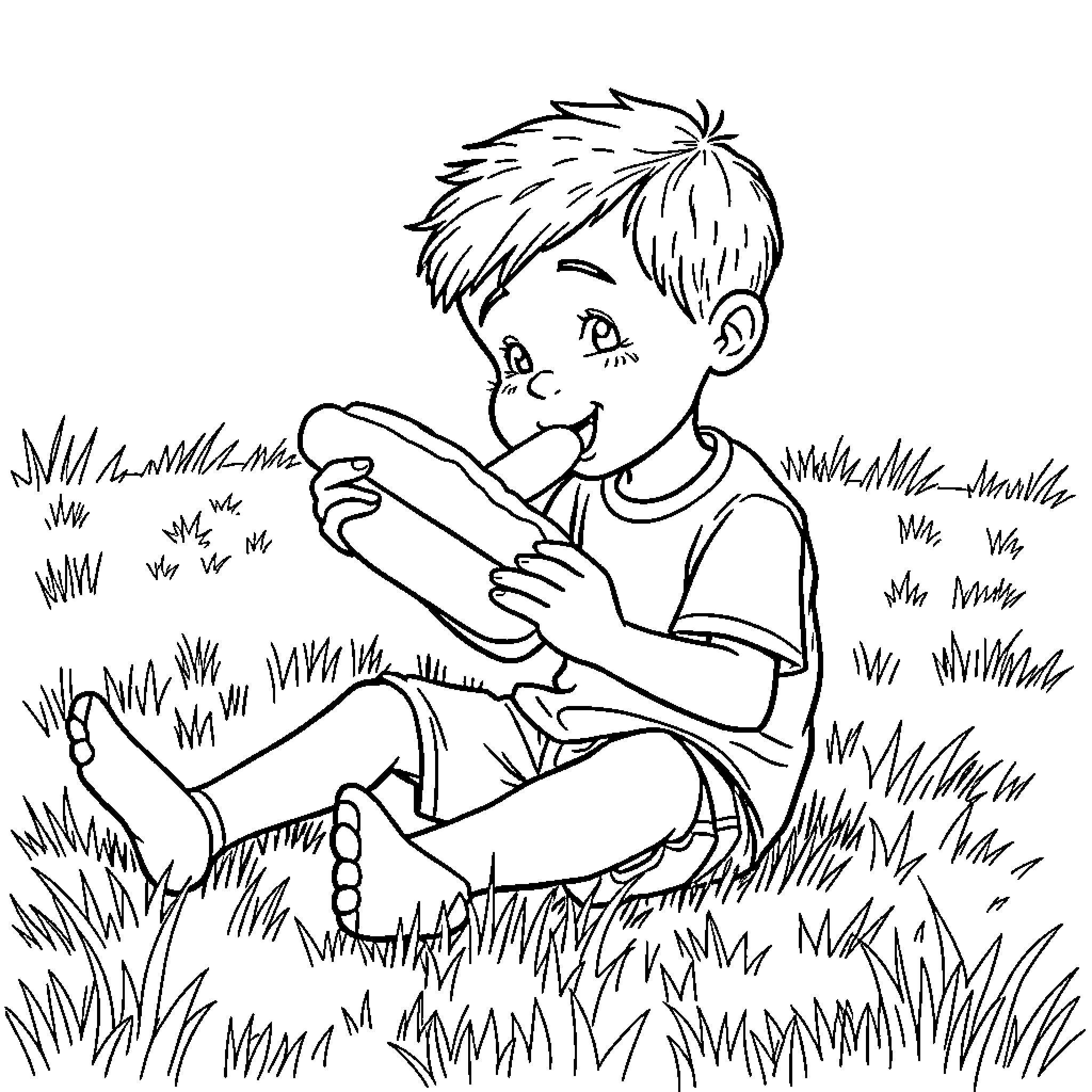 Boy exploring nature with curiosity Coloring Page (free black-and-white line drawing printable PDF for all, from beginners to advanced learners, including children, teens, adults, and seniors)