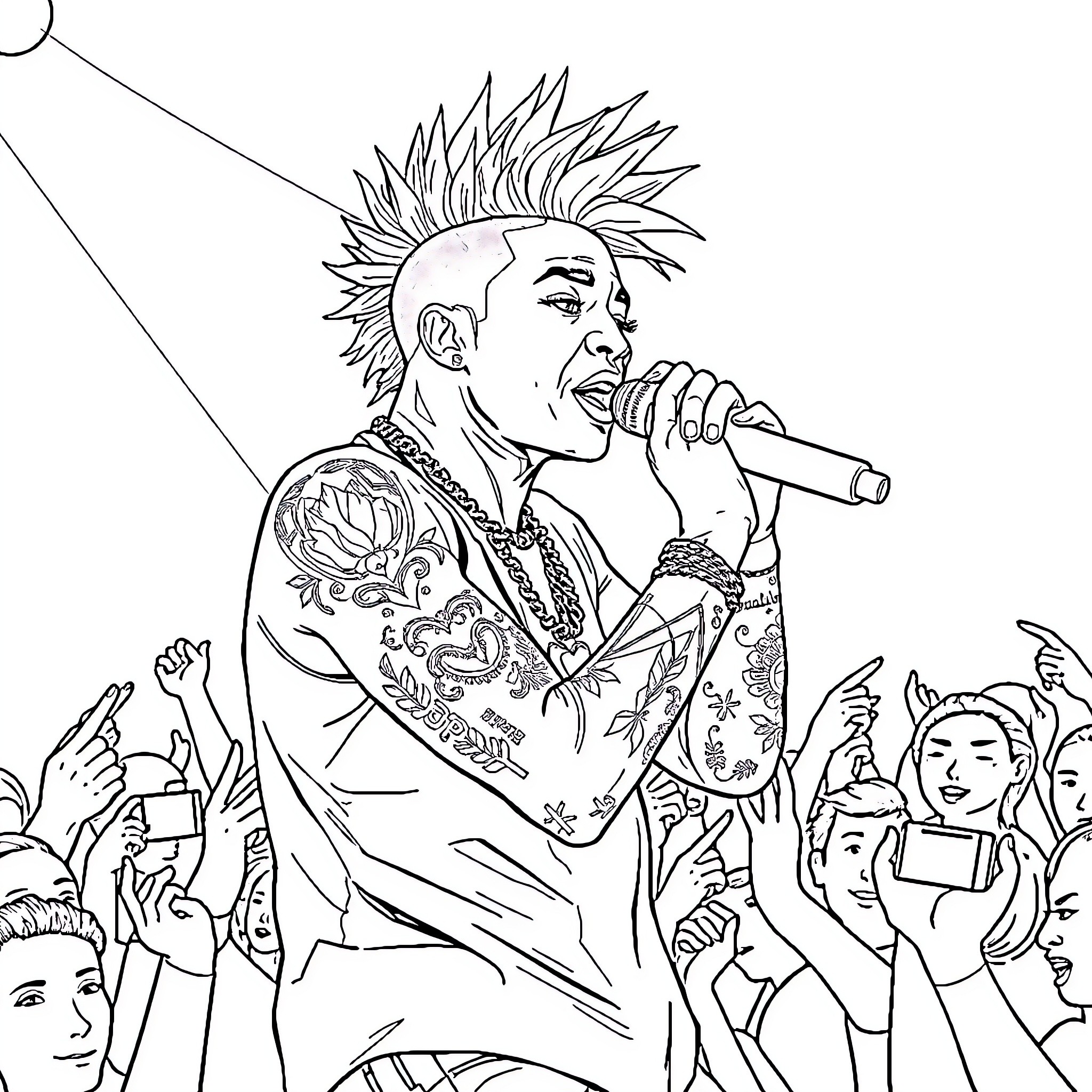 Xxxtentacion performing energetically on stage Coloring Page (free black-and-white line drawing printable PDF for all, from beginners to advanced learners, including children, teens, adults, and seniors)