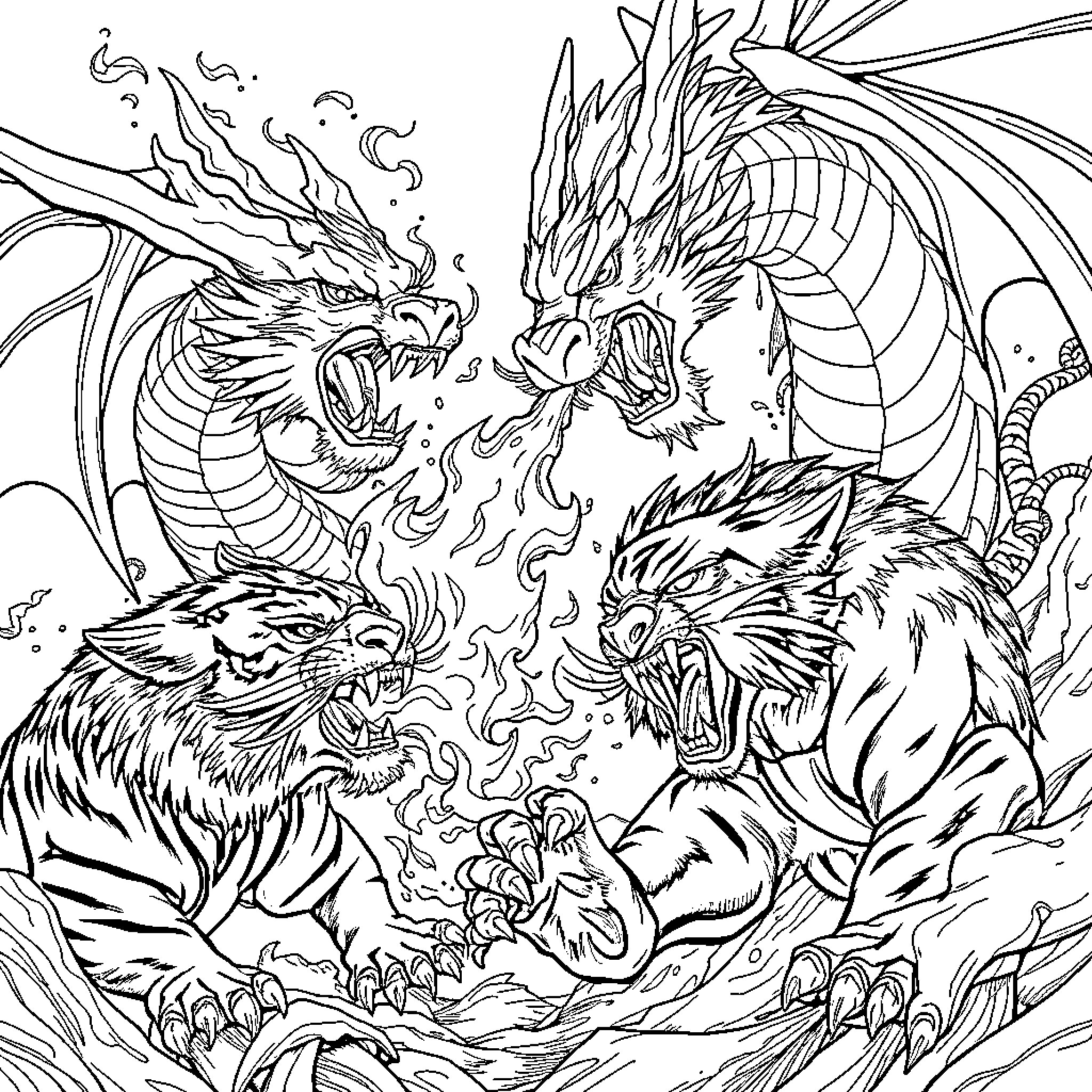 Dragons in Fierce Battle Unleashing Powerful Flames Coloring Page (free black-and-white line drawing printable PDF for all, from beginners to advanced learners, including children, teens, adults, and seniors)