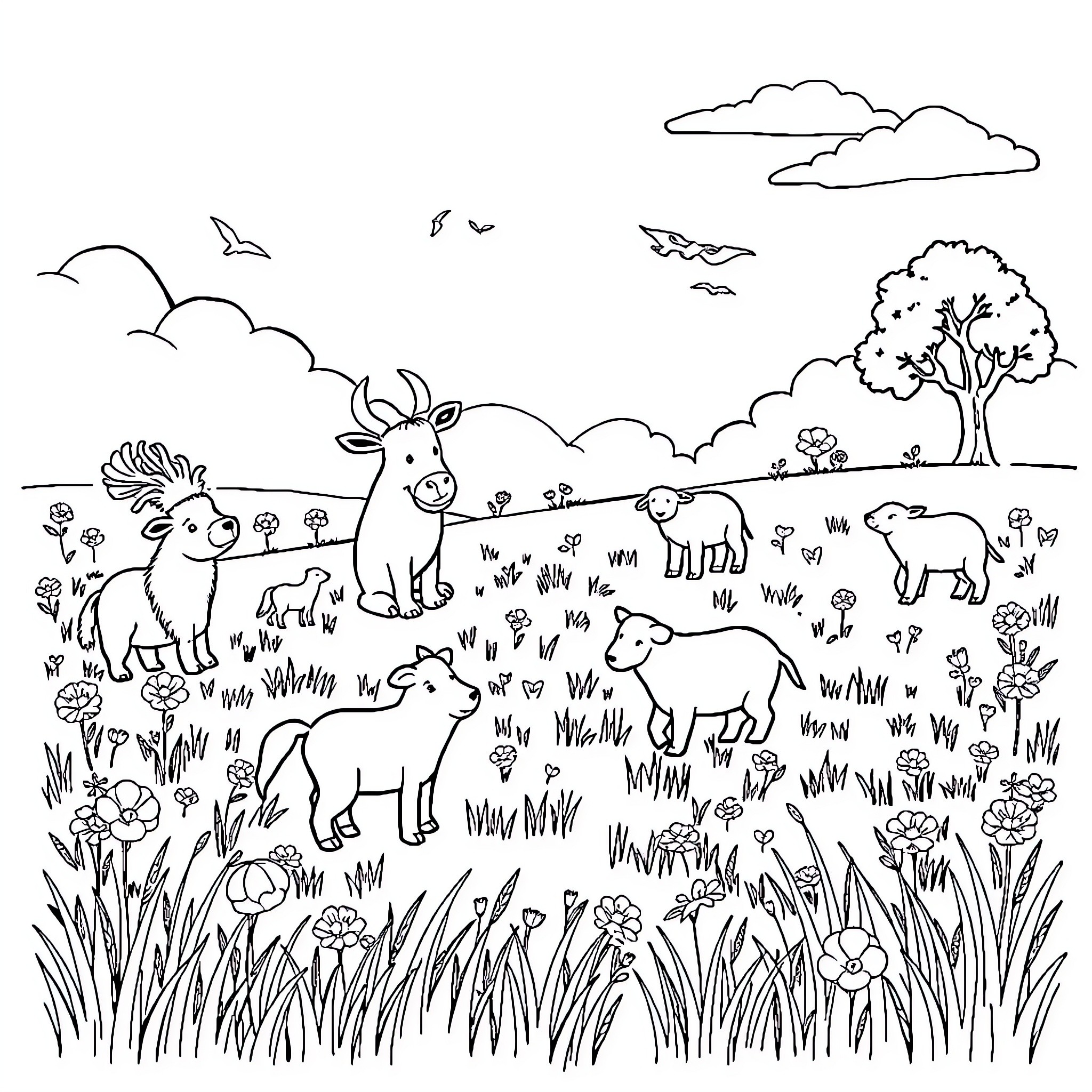 Animal herd grazing peacefully in the meadow Coloring Page (free black-and-white line drawing printable PDF for all, from beginners to advanced learners, including children, teens, adults, and seniors)