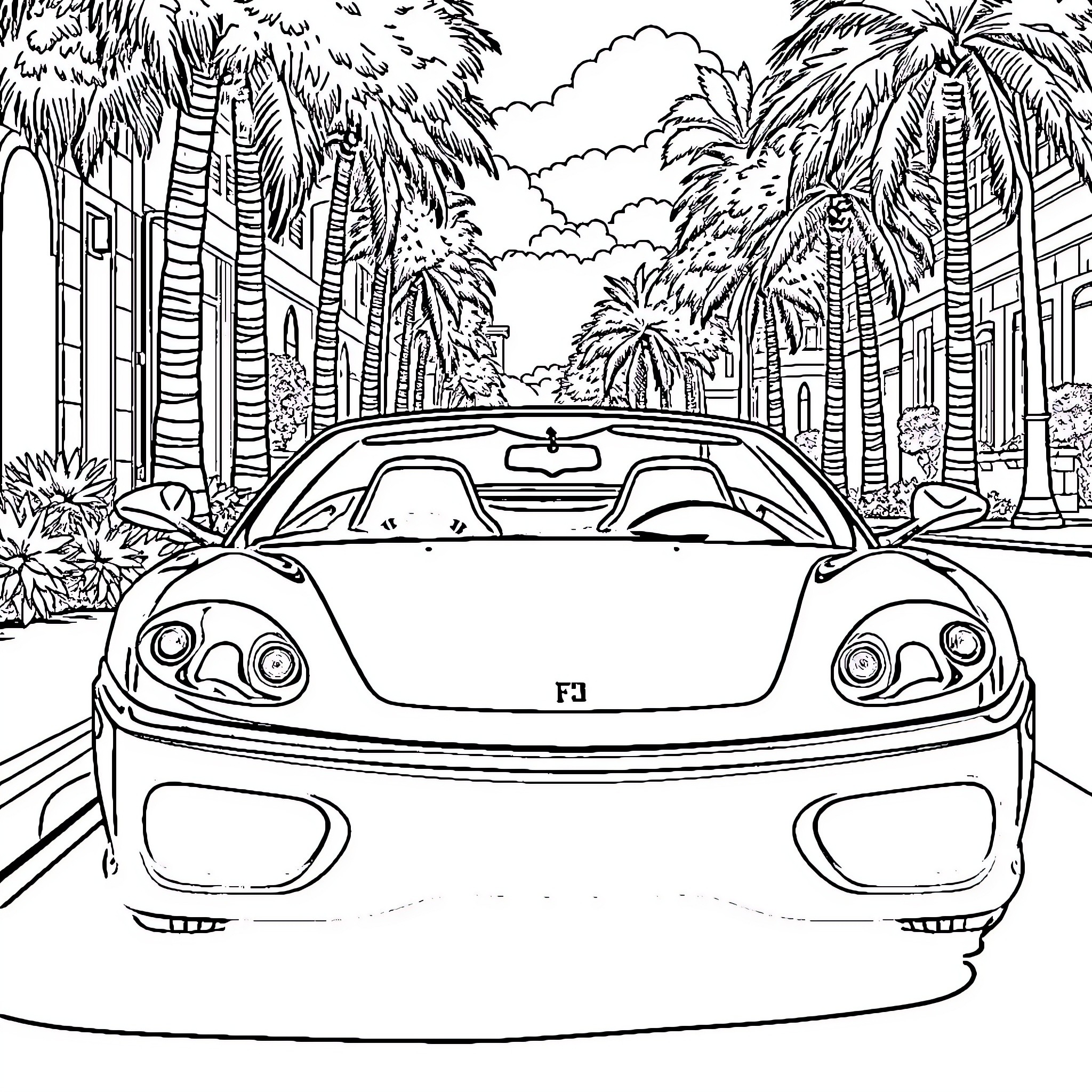 Ferrari sports car cruising down a palm-lined street Coloring Page (free black-and-white line drawing printable PDF for all, from beginners to advanced learners, including children, teens, adults, and seniors)