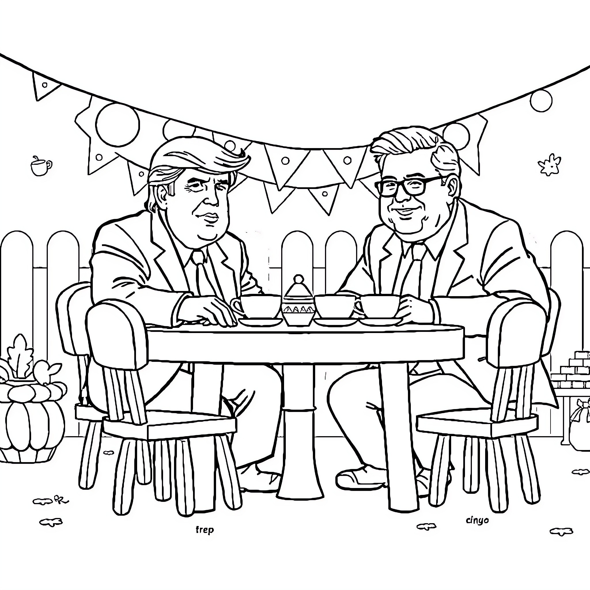 Donald Trump and Friends at a Lively Gathering Coloring Page (free black-and-white line drawing printable PDF for all, from beginners to advanced learners, including children, teens, adults, and seniors)