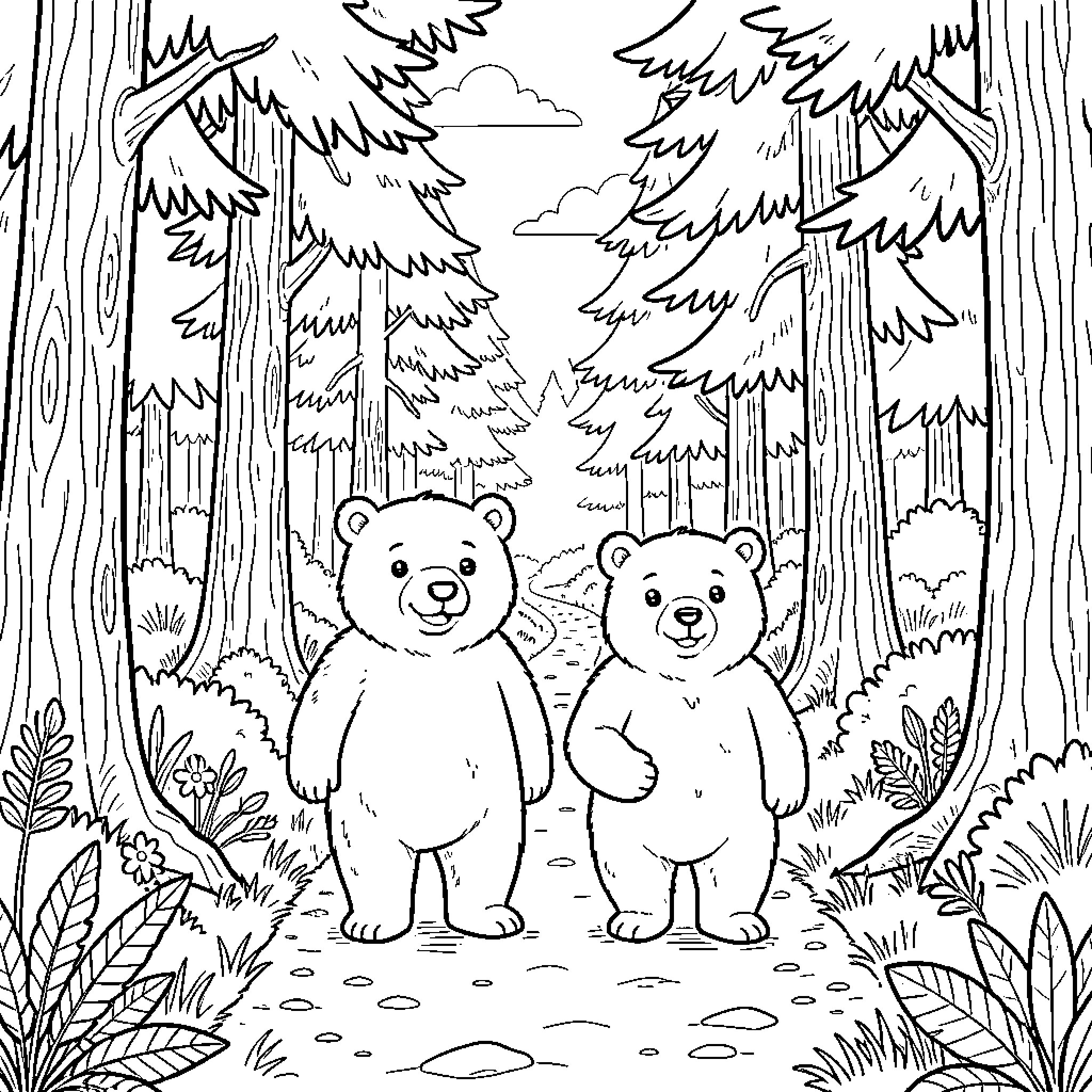 Macha et Michka walking together through the forest Coloring Page (free black-and-white line drawing printable PDF for all, from beginners to advanced learners, including children, teens, adults, and seniors)