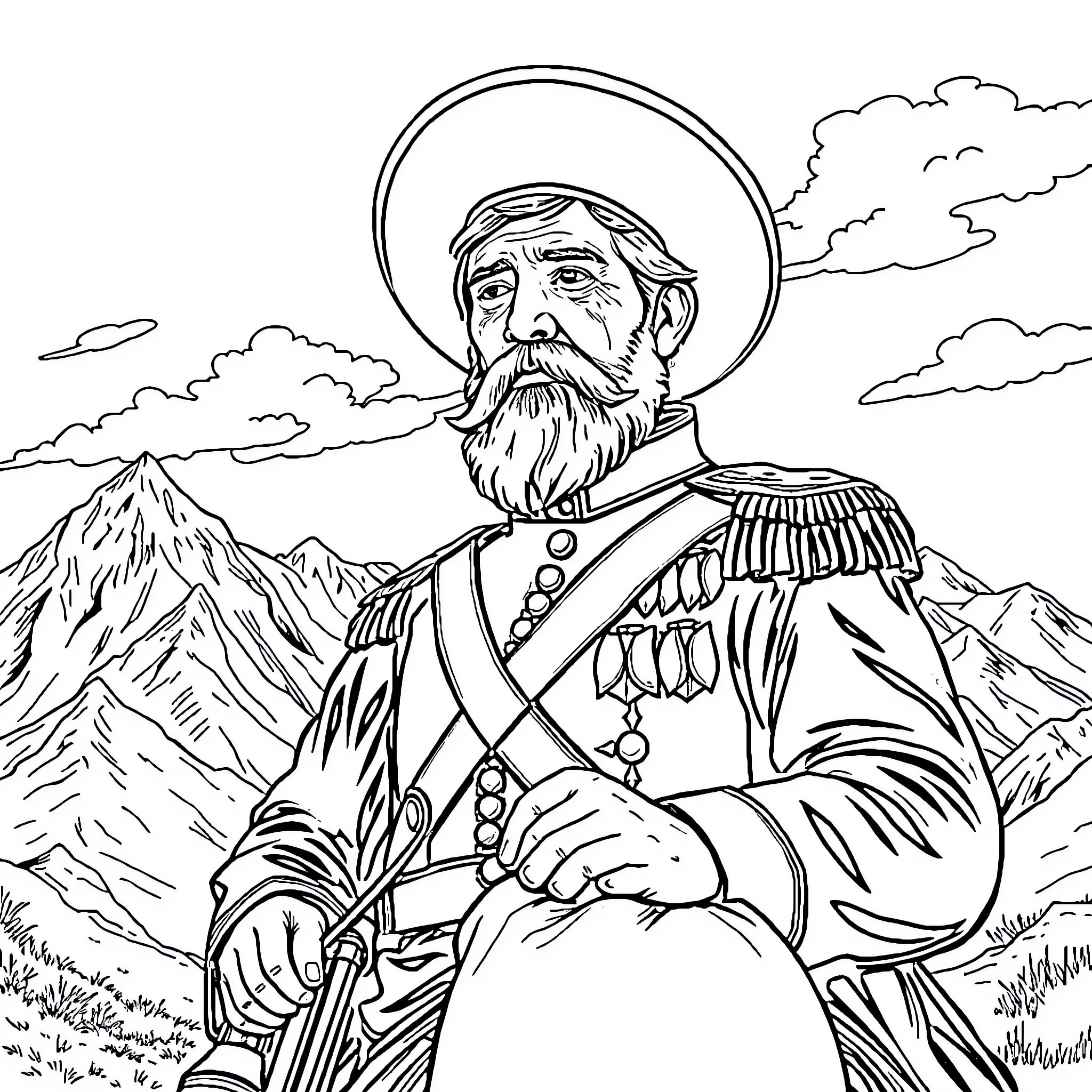 General San Martin in Authoritative Military Attire Coloring Page (free black-and-white line drawing printable PDF for all, from beginners to advanced learners, including children, teens, adults, and seniors)