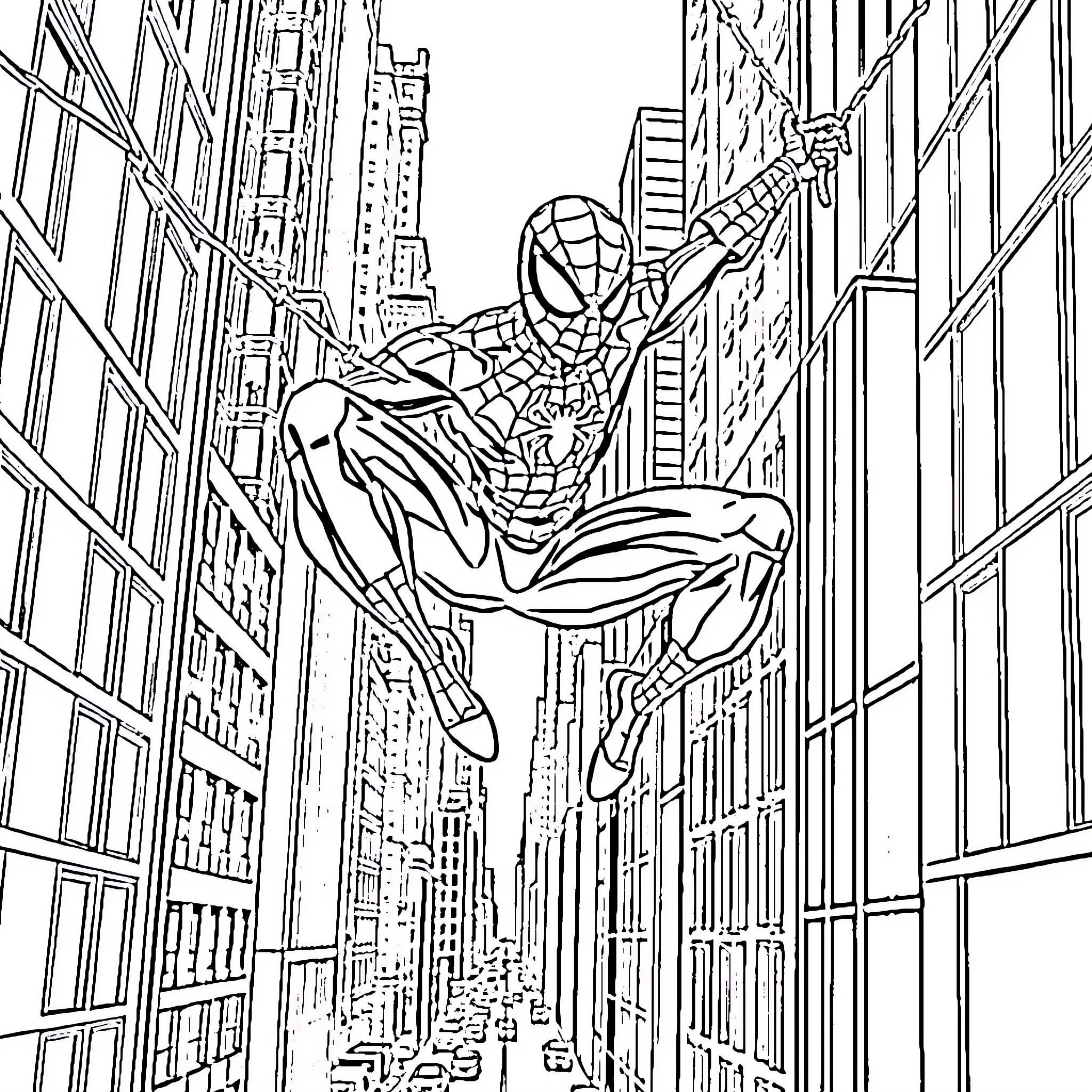 Spider-Man swinging through the city streets Coloring Page (free black-and-white line drawing printable PDF for all, from beginners to advanced learners, including children, teens, adults, and seniors)