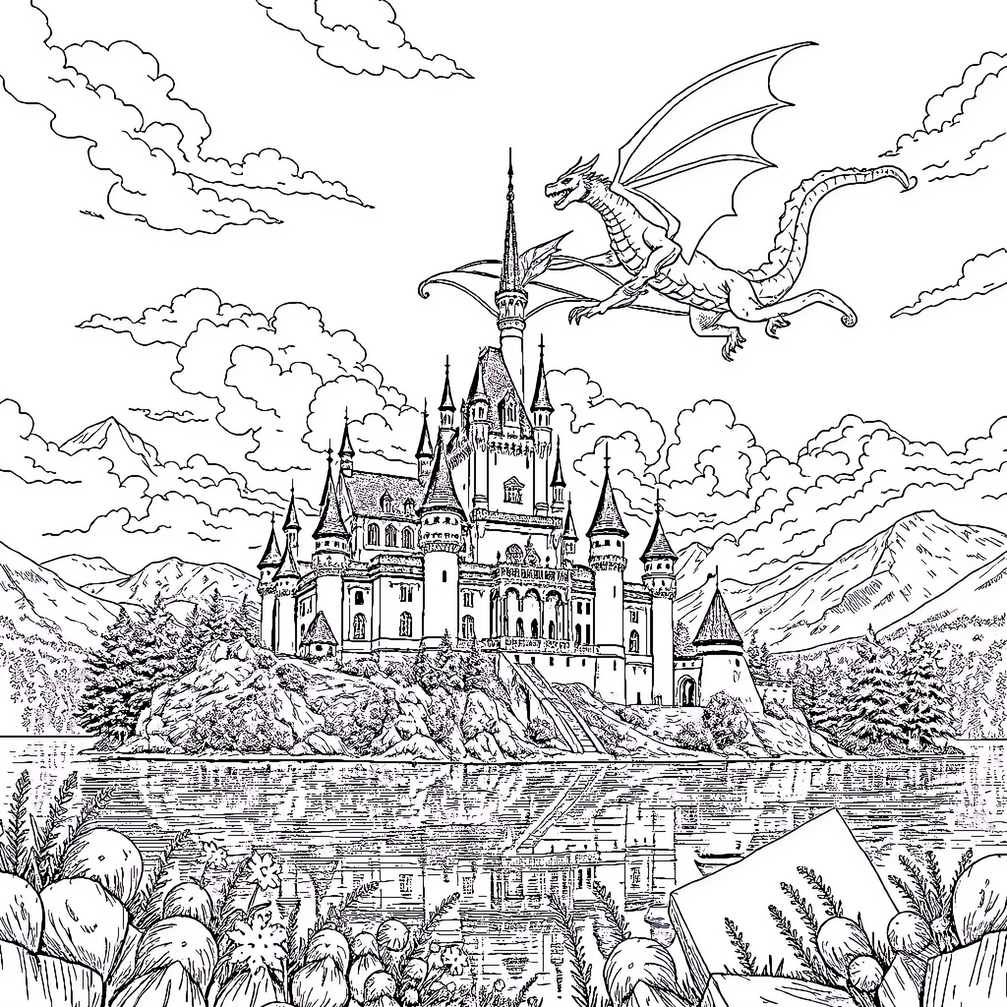 Dragon soaring over majestic fantasy castle Coloring Page (free black-and-white line drawing printable PDF for all, from beginners to advanced learners, including children, teens, adults, and seniors)