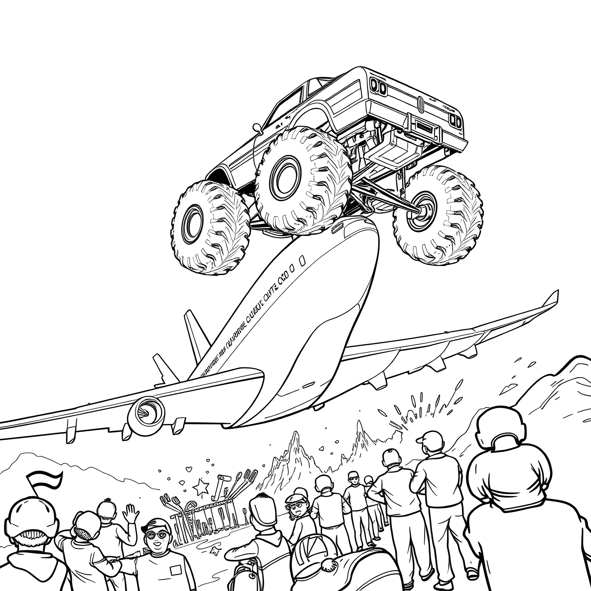 Monster Truck Soaring Over Cheering Crowd Coloring Page (free black-and-white line drawing printable PDF for all, from beginners to advanced learners, including children, teens, adults, and seniors)